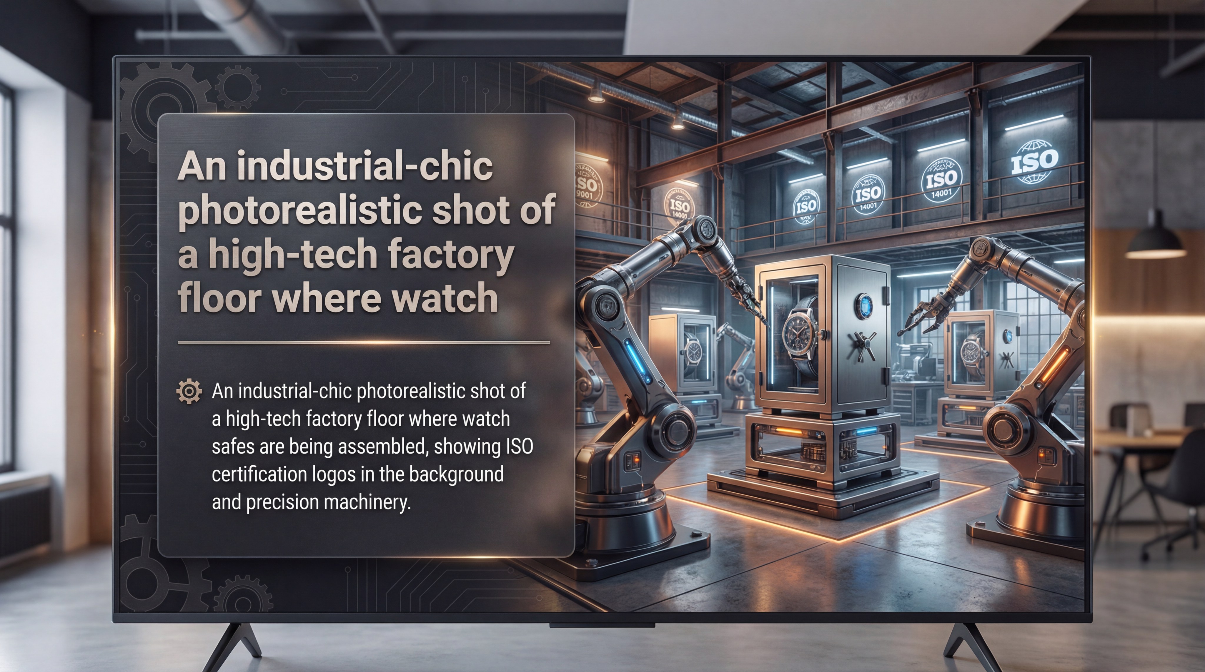 An industrial-chic photorealistic shot of a high-tech factory floor where watch safes are being assembled showing ISO logos
