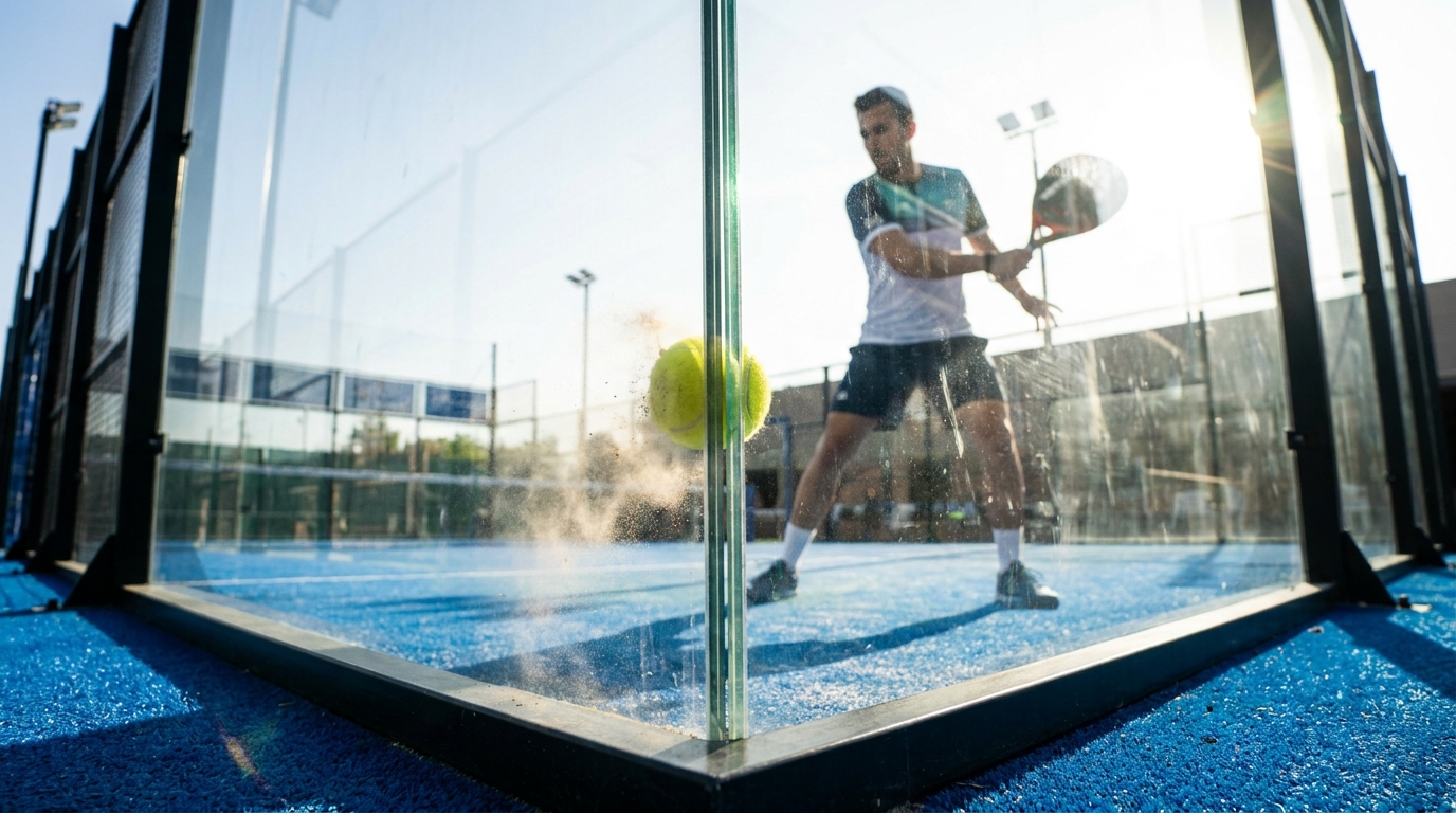 Action shot of a player hitting a ball off the glass