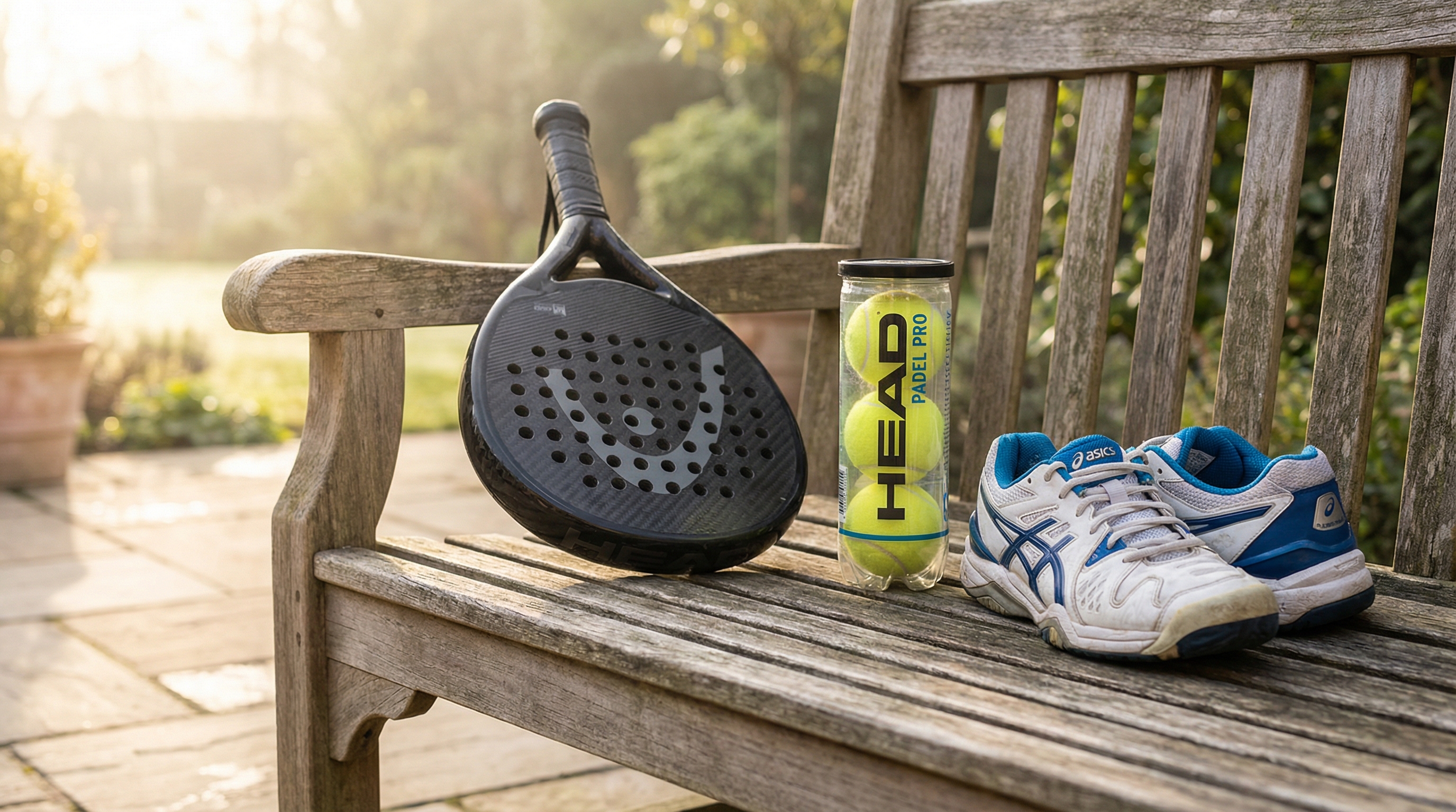 padel racket and shoes on a bench