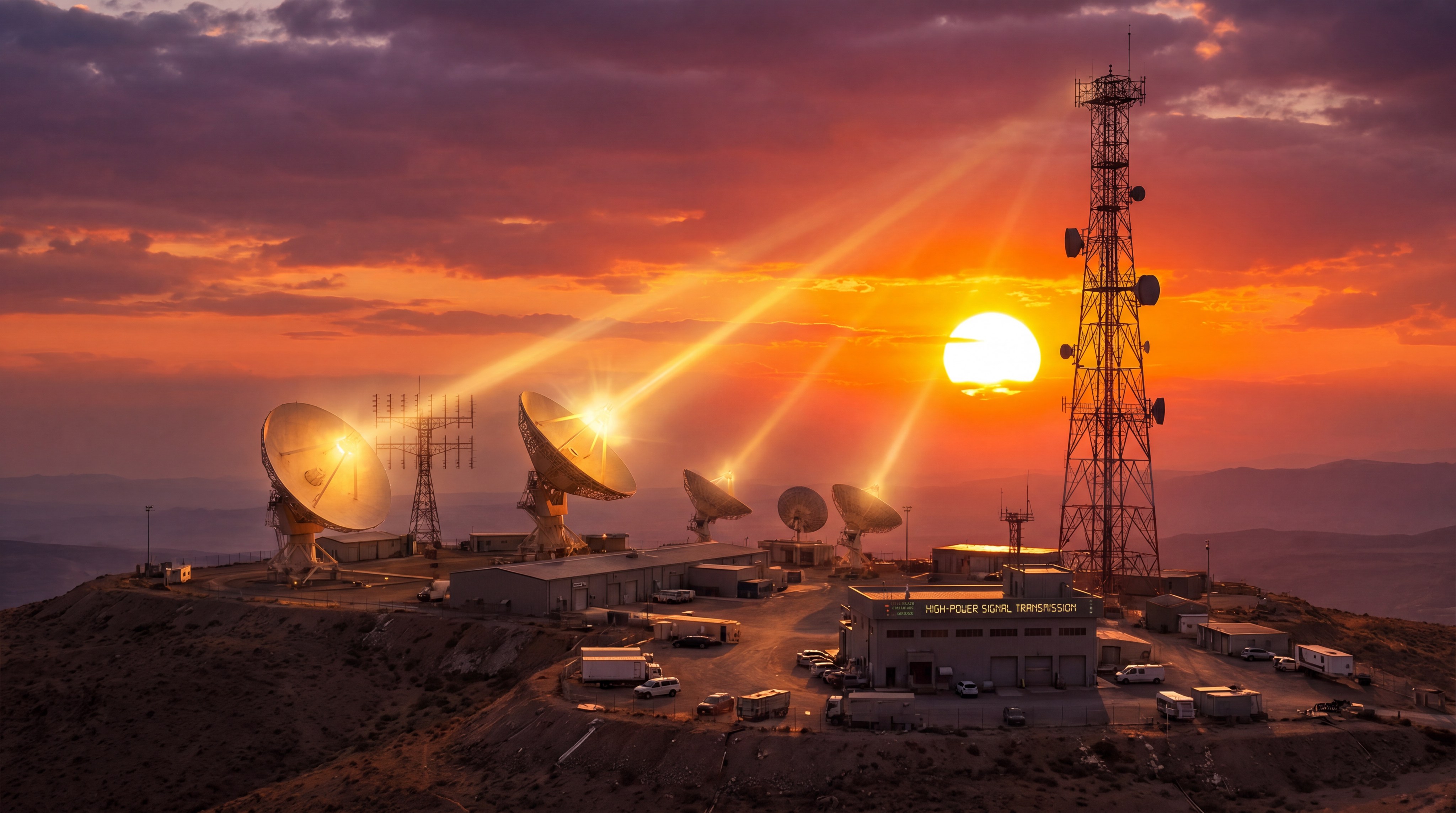 Large satellite dish arrays at a ground station during a sunset uplink session