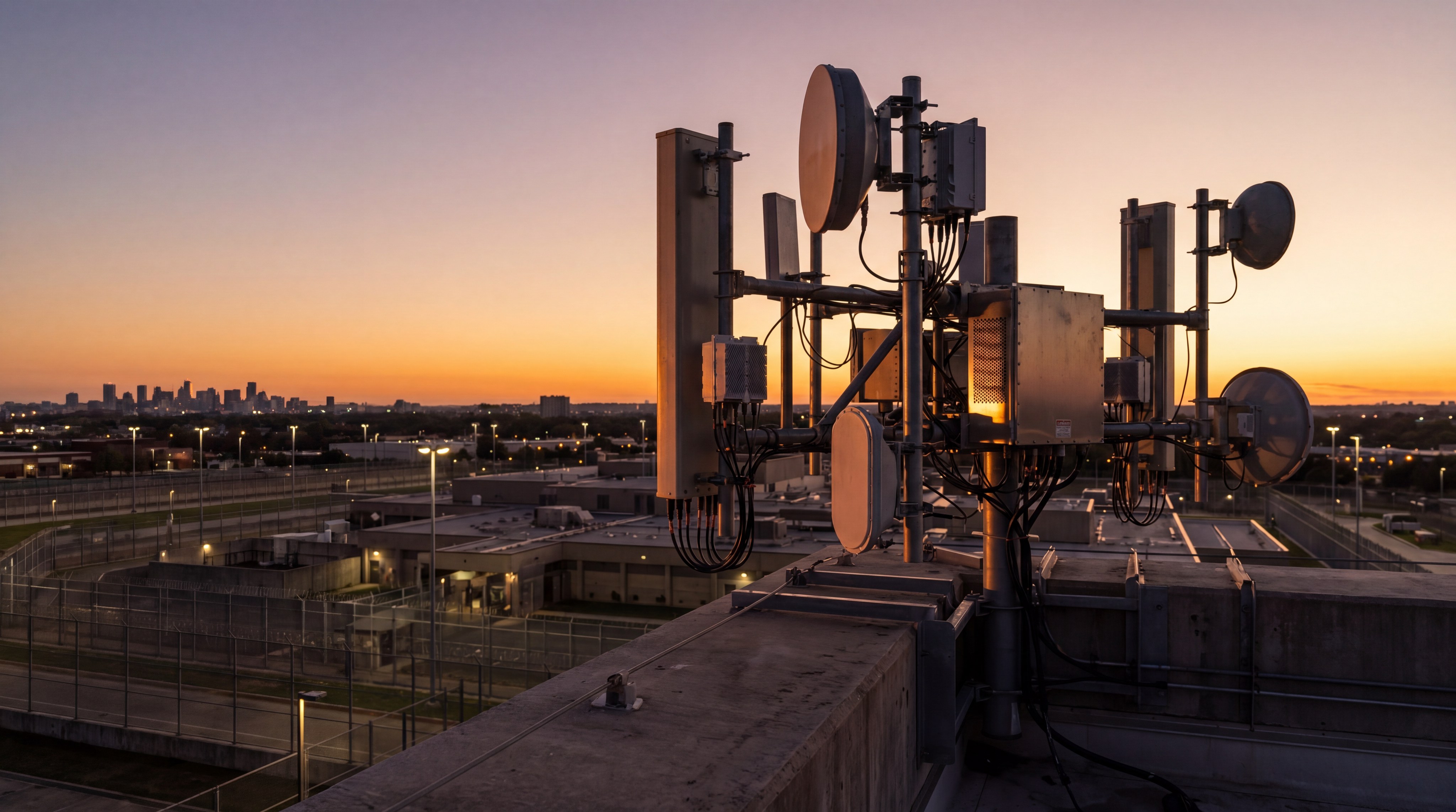 Complex antenna array on a rooftop overlooking a high-security facility at sunset