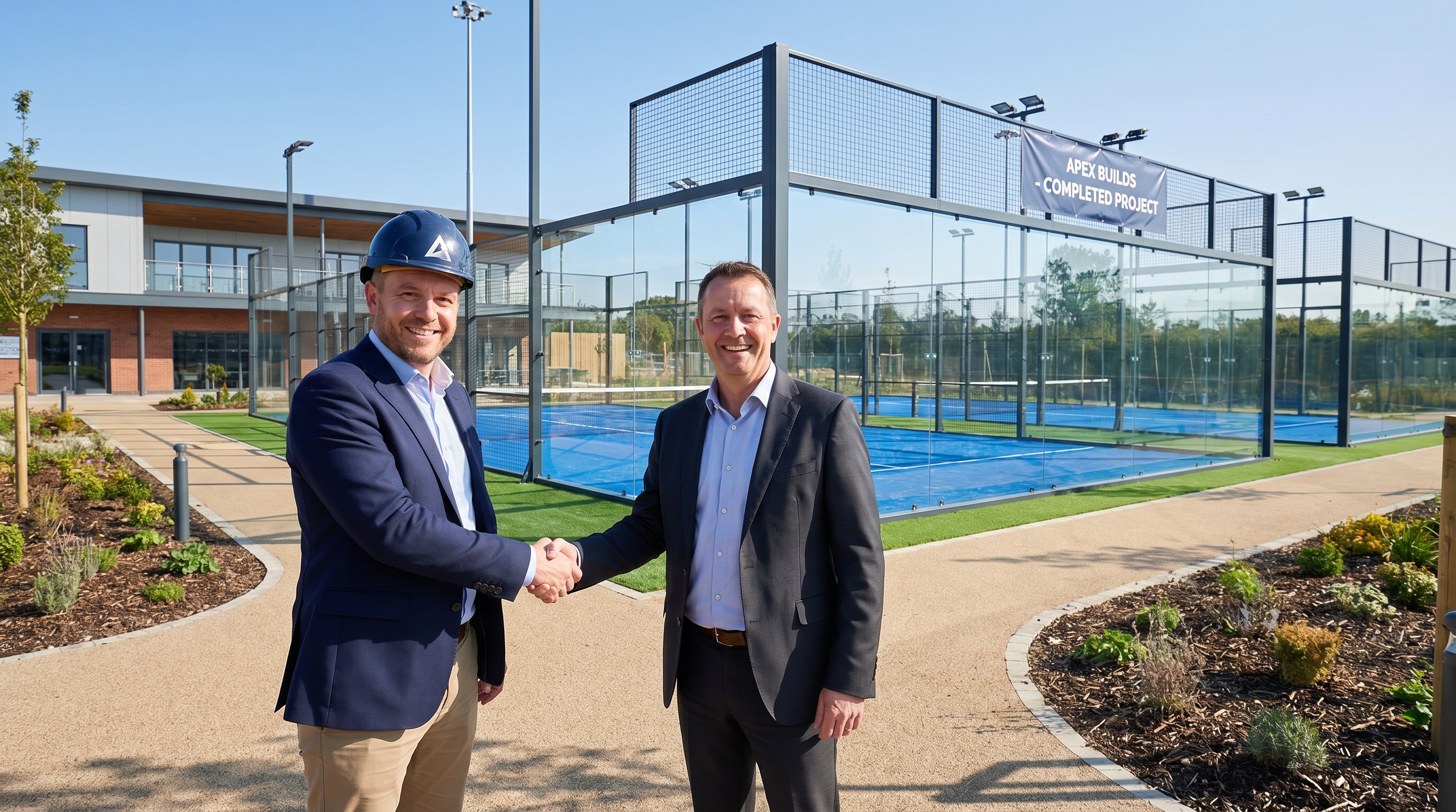 Project manager and client shaking hands at a finished padel facility.