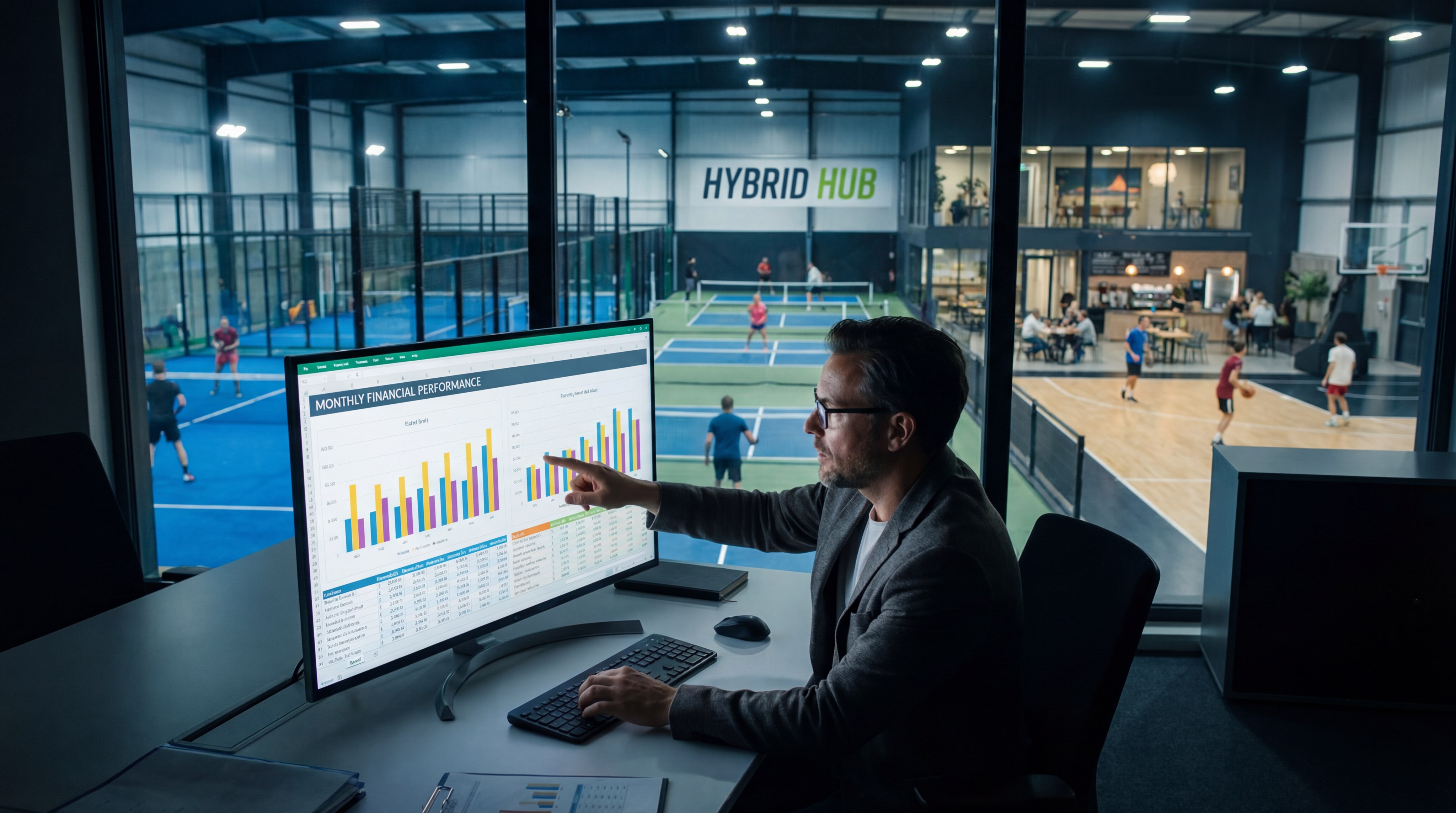 Club manager reviewing financial performance on a dashboard