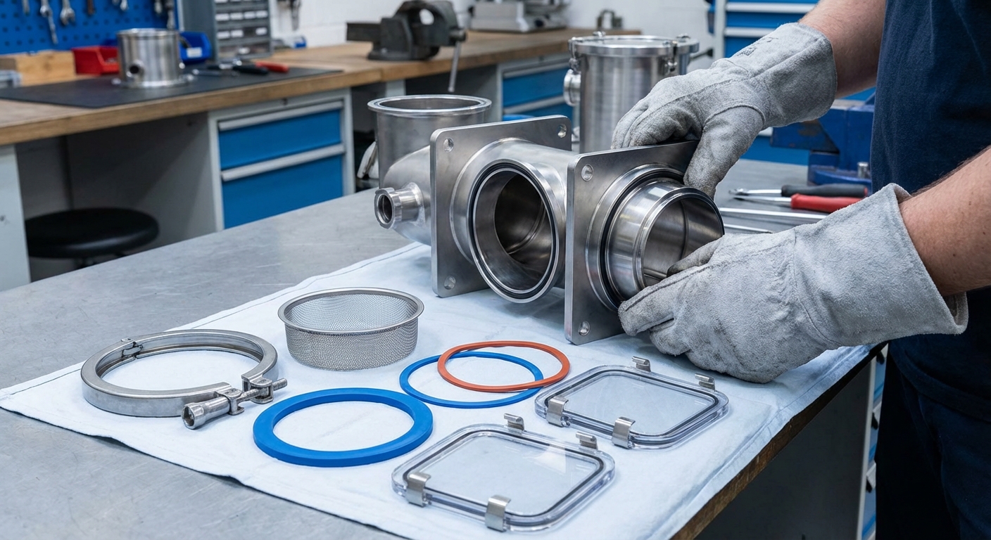 Cleaning a Newideapack vacuum powder feeder to prevent coffee dust buildup.