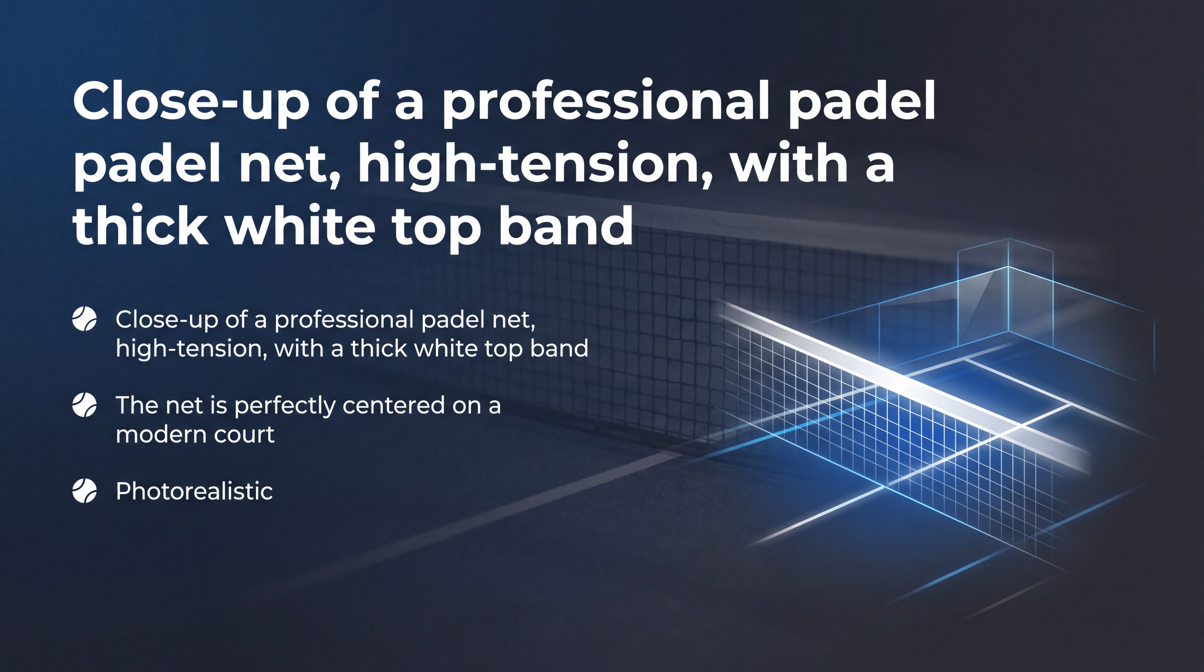 Close-up of a professional padel net, high-tension, with a thick white top band