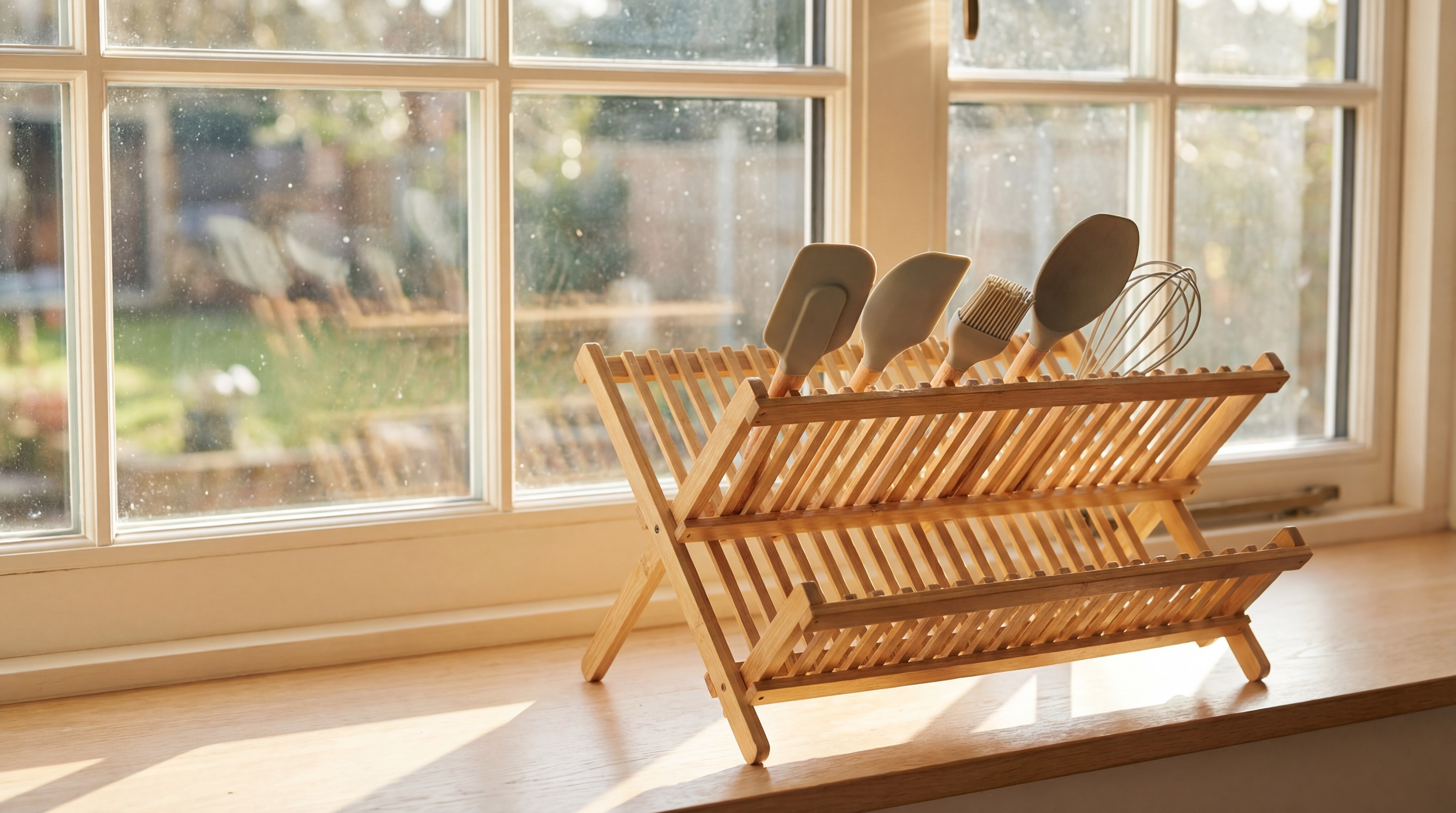 Alt Text: Silicone utensils air-drying on a bamboo rack by a window