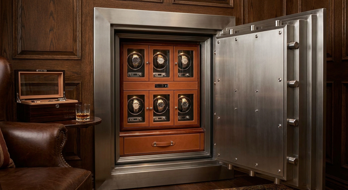 A 6 watch winder box integrated into a high-security safe
