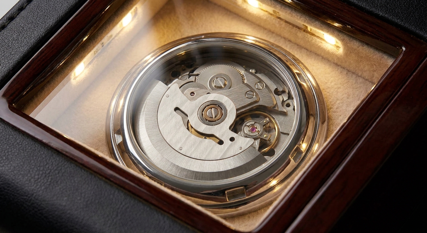 Close-up of a watch rotor spinning inside a 6 watch winder box