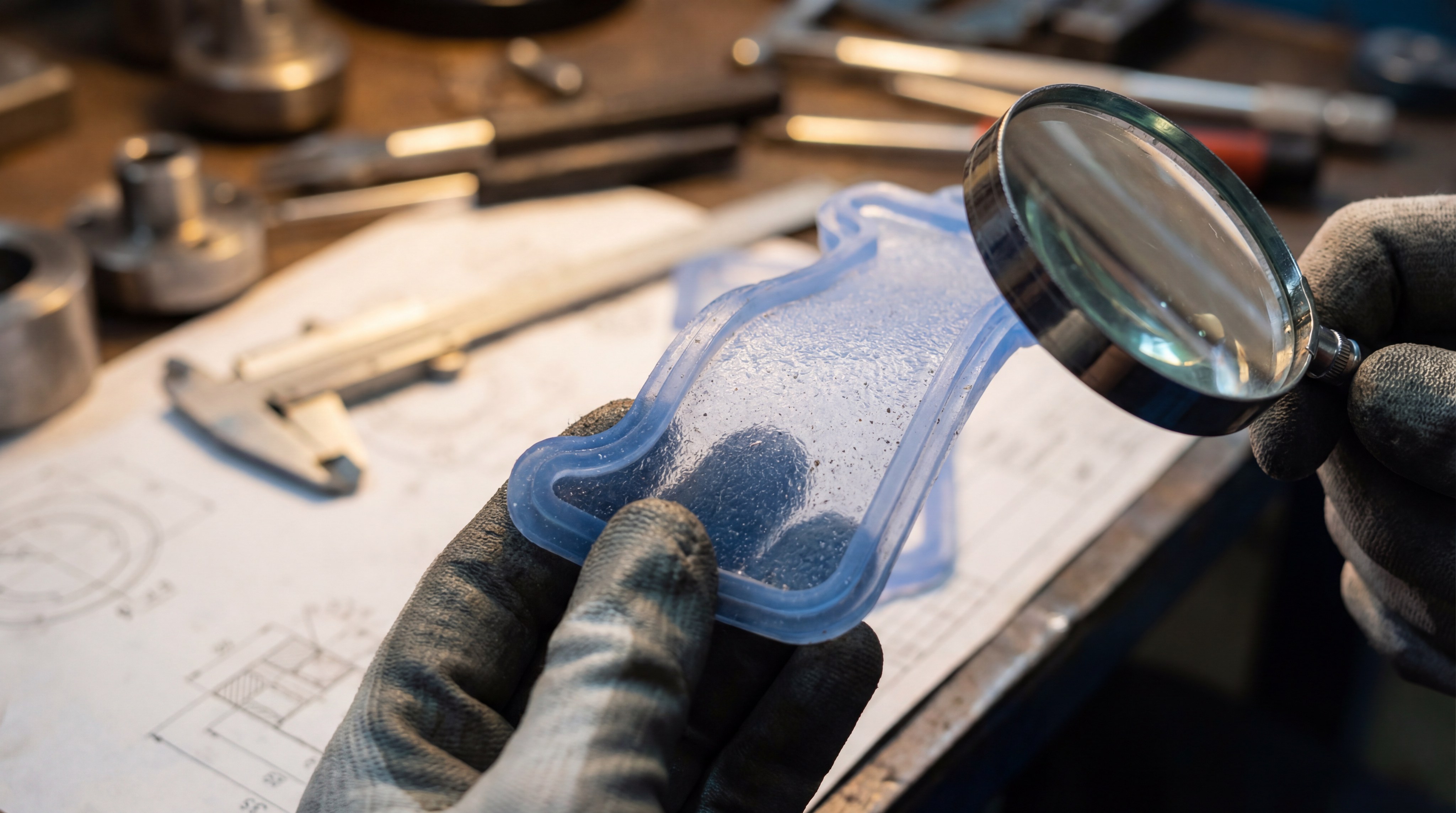 A quality control engineer using a magnifying glass to inspect the surface quality of a custom silicone gasket.