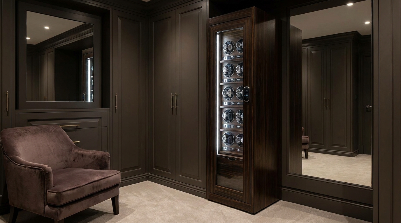 Professional standing next to a large elegant free-standing watch safe in a luxury home office