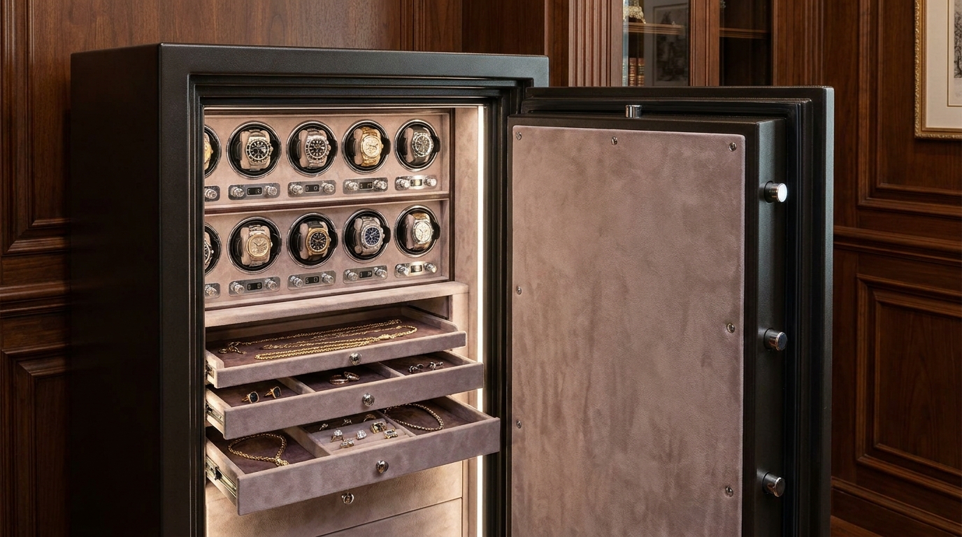 Luxury wall-mounted watch safe with individual winders displaying high-end watches behind a glass door