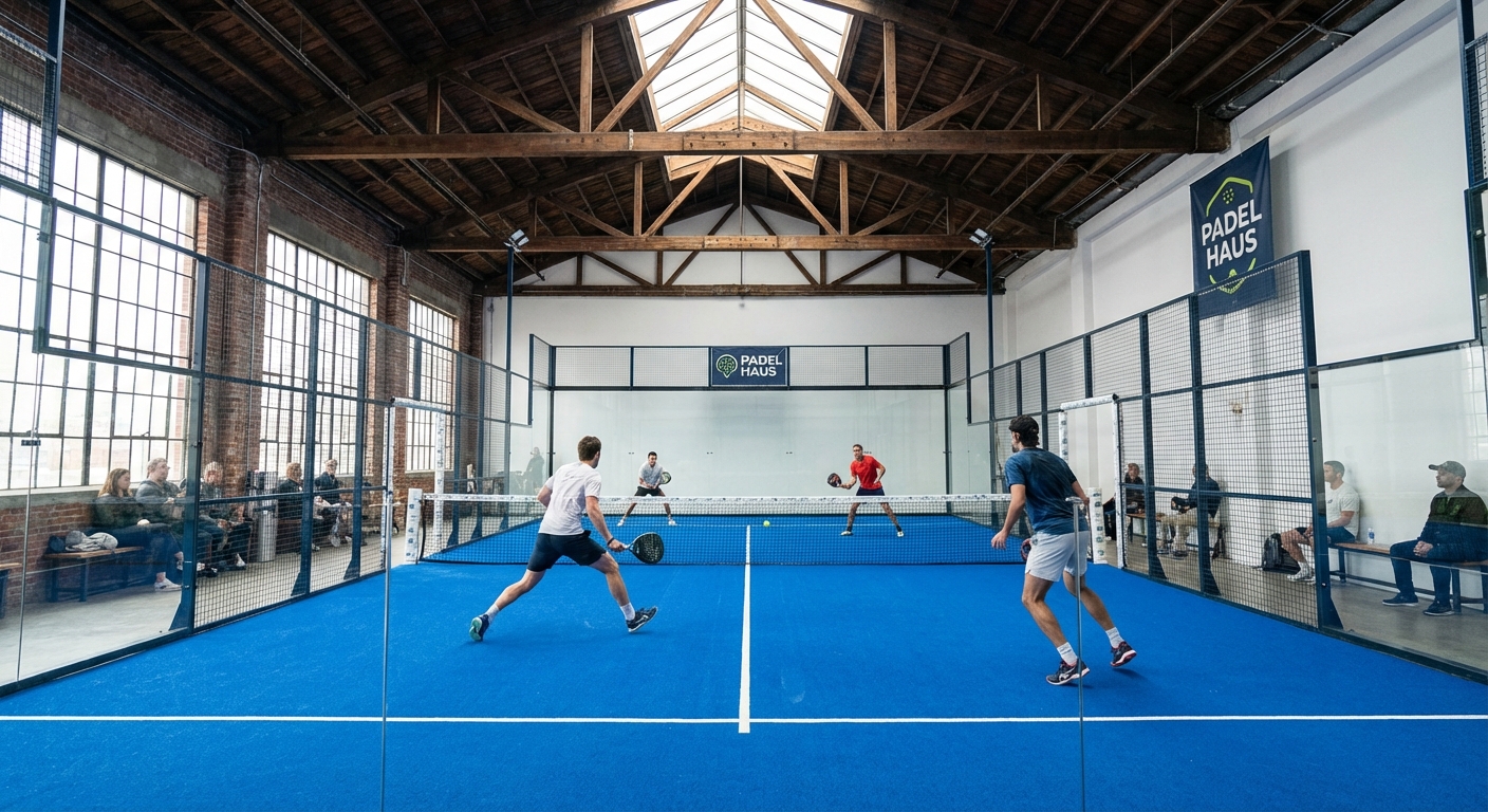 Action shot of players at Padel Haus Williamsburg