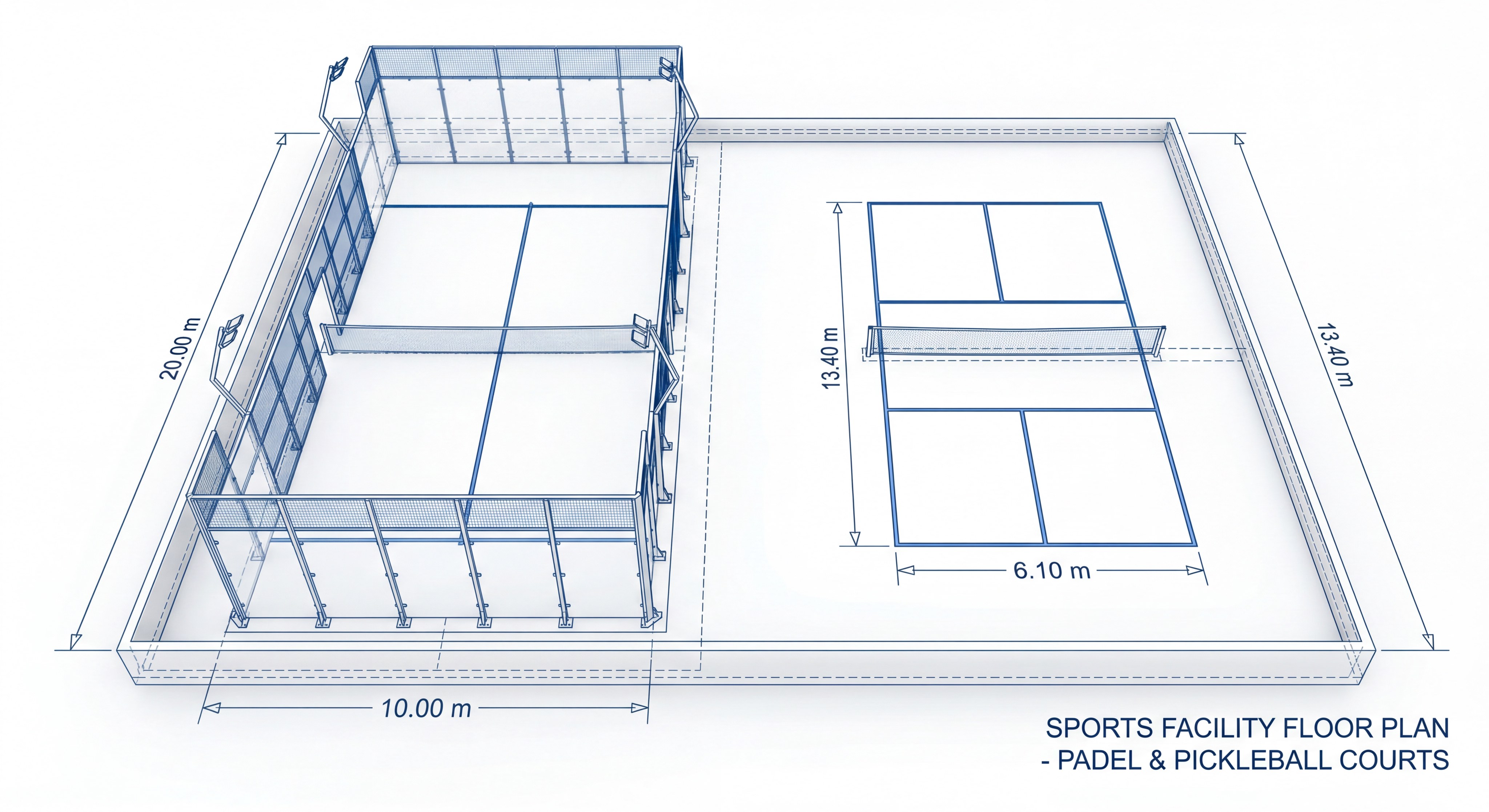 Technical floor plan for padel and pickleball courts