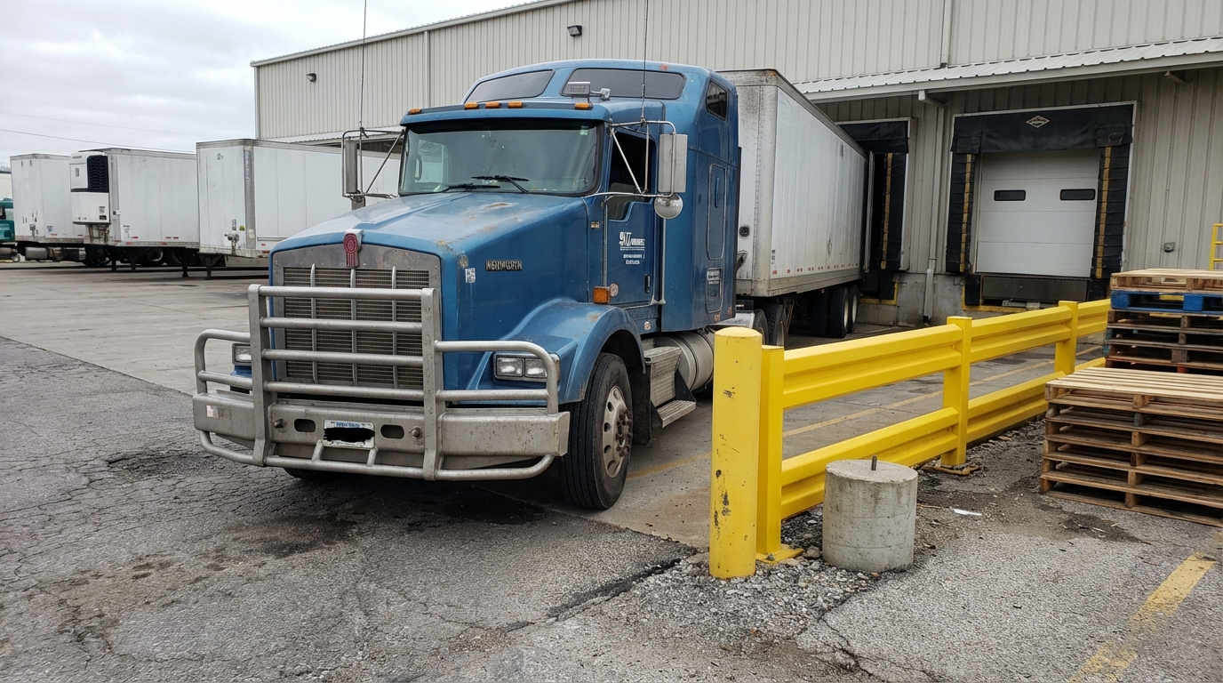Truck with a grille guard in a busy logistics yard