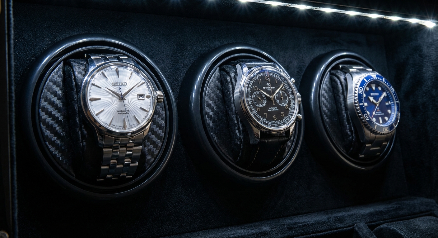 Three Automatic Watches Rotating in Carbon-Fiber Winder