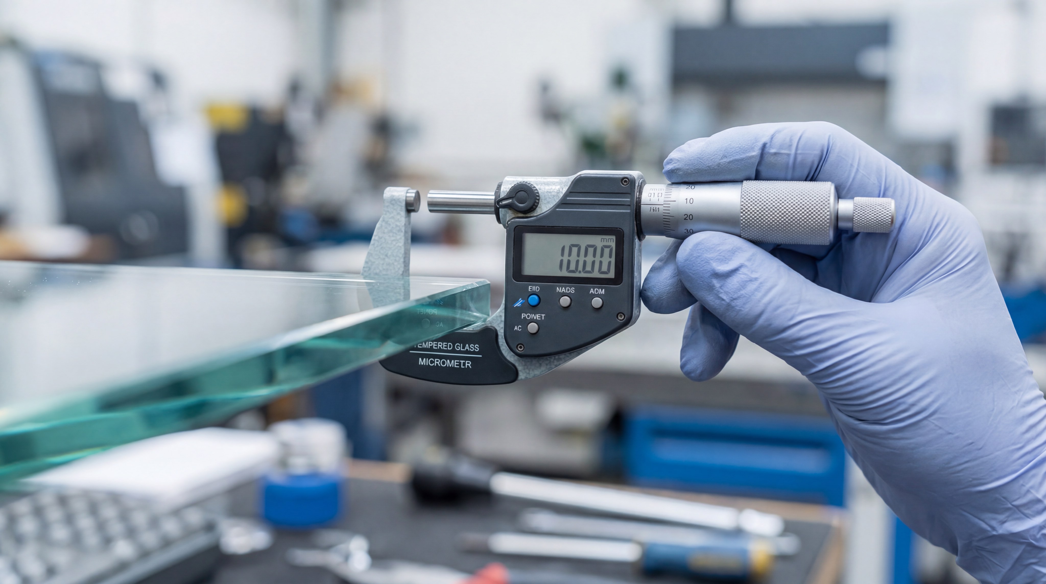 Close-up photorealistic shot of a quality control inspector in a high-vis vest measuring the thickness of a tempered glass edge with a digital micrometer, showing a precise 10.00mm reading.