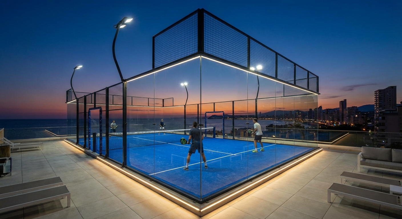 Premium padel court dusk visualization