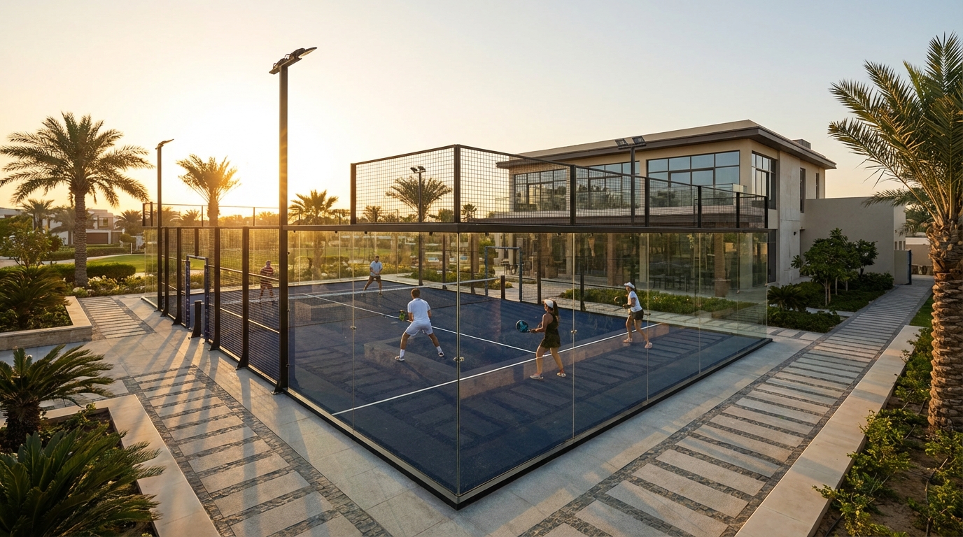 Photorealistic wide shot of a modern panoramic padel court in a high-end sports club, sunset lighting, two pairs of players in action.