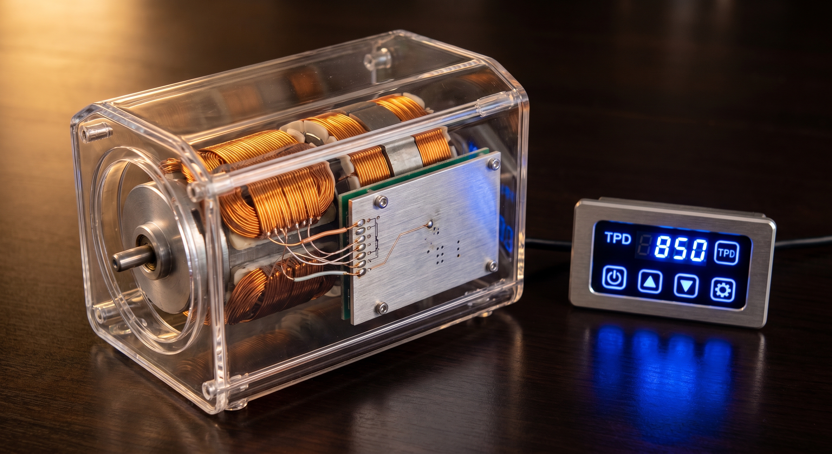 A high-tech electric motor for a watch winder showing copper coils and a digital TPD display