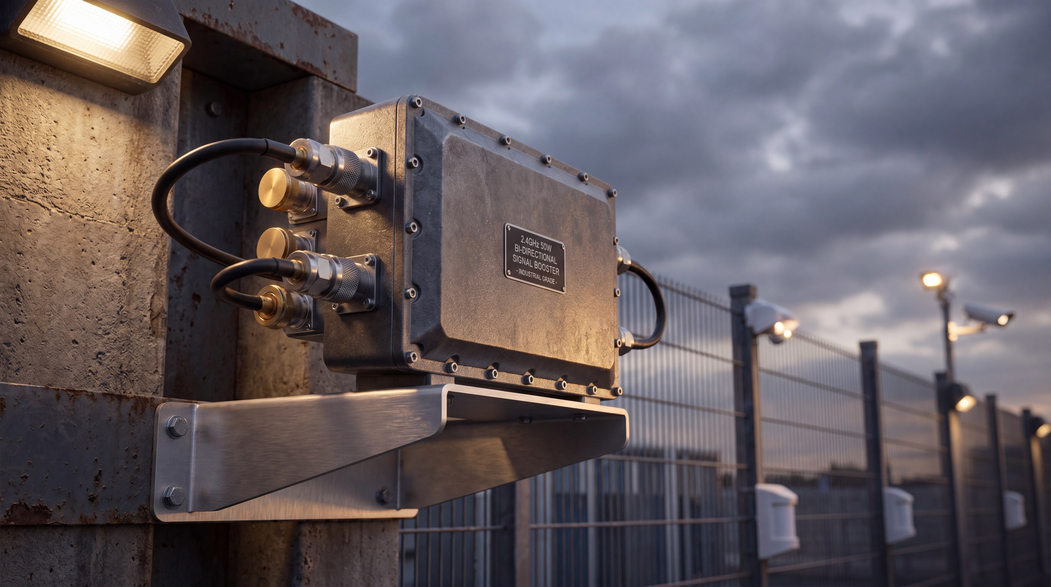 An industrial-grade 2.4GHz 50W bi-directional signal booster mounted on a concrete pillar at a high-security perimeter. The rugged grey metal housing features multiple high-quality RF connectors and a clear technical label, illuminated by nearby security lights under a twilight sky.