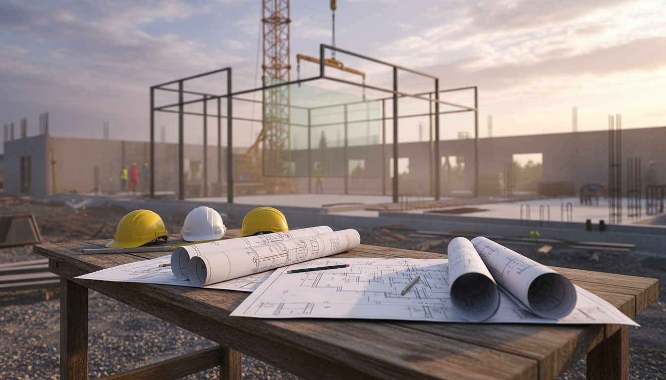 A construction site for a padel club with blueprints on a wooden table