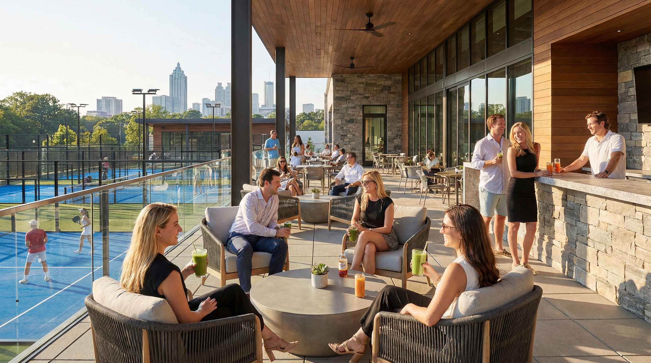 A photorealistic shot of a modern clubhouse patio overlooking padel courts, with people enjoying healthy drinks and socializing.