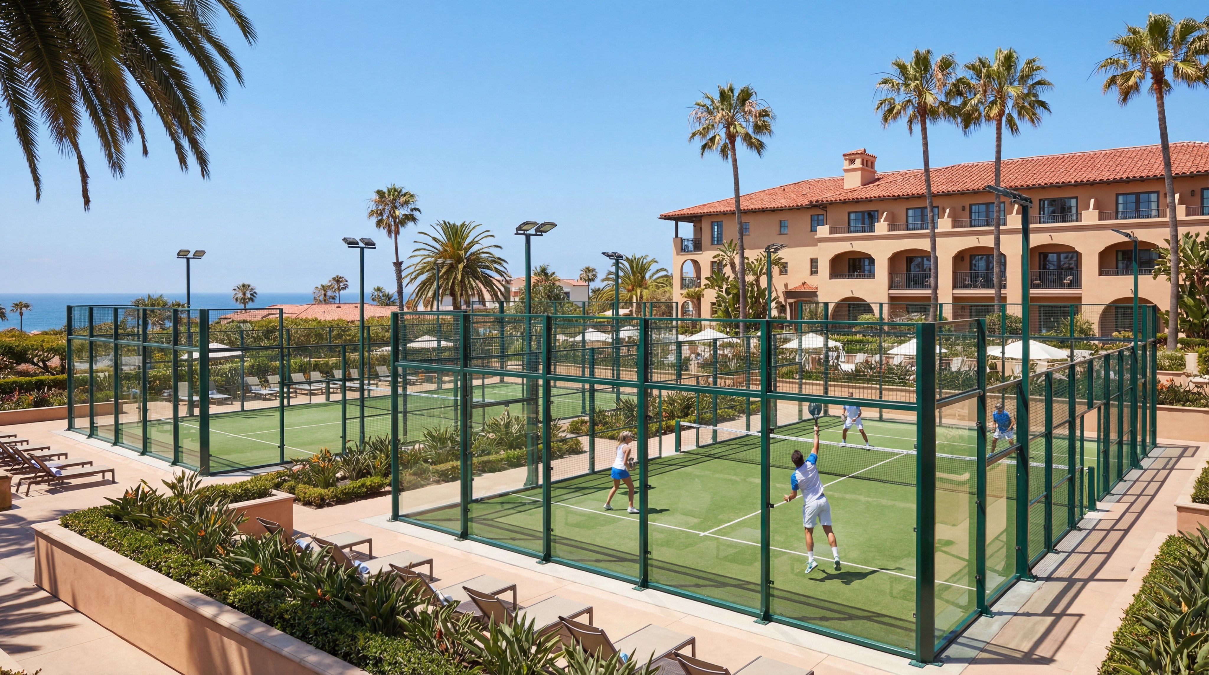 Image: Professional indoor padel courts in San Diego featuring blue turf and glass walls