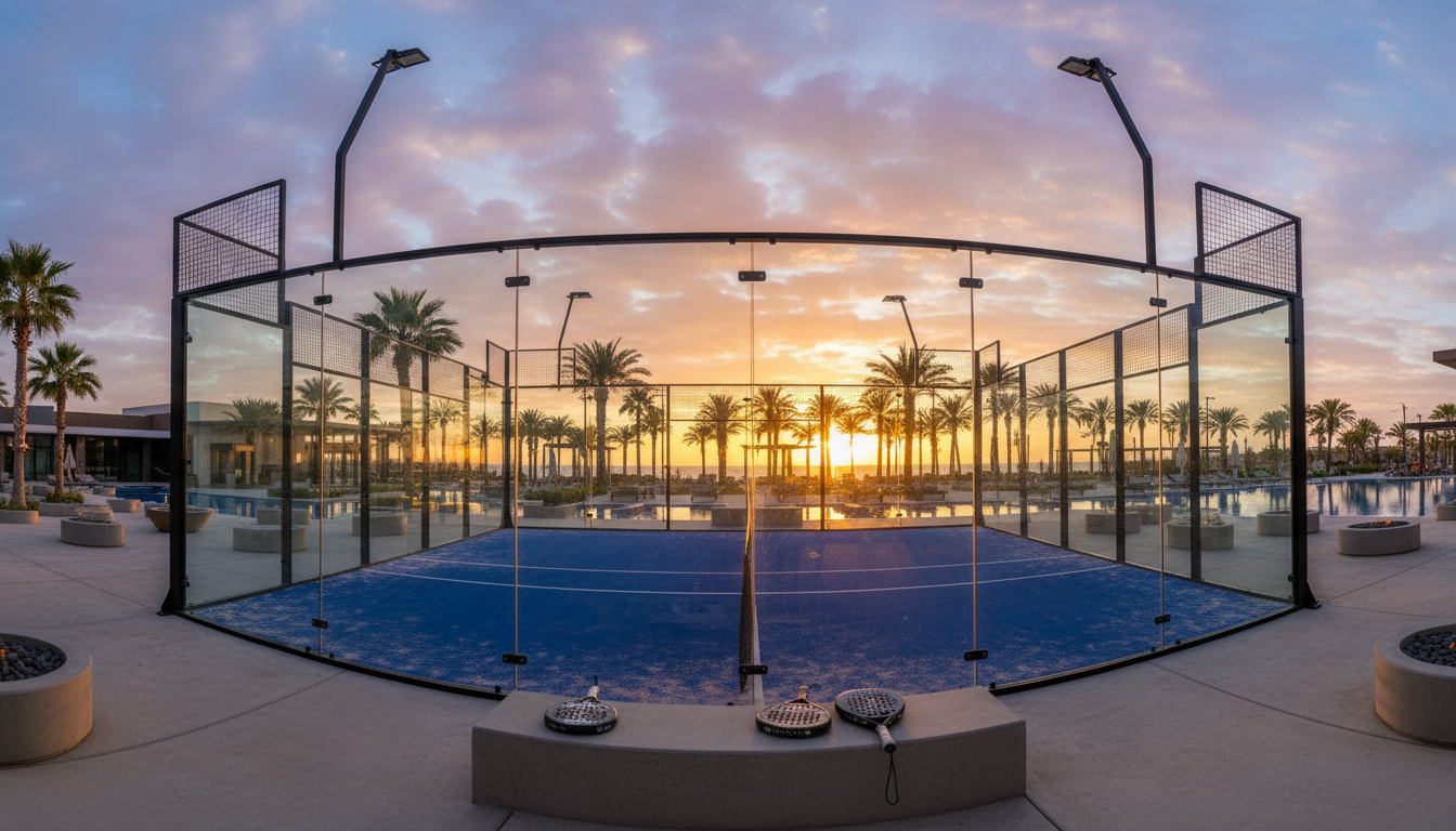 Panoramic padel court at sunset