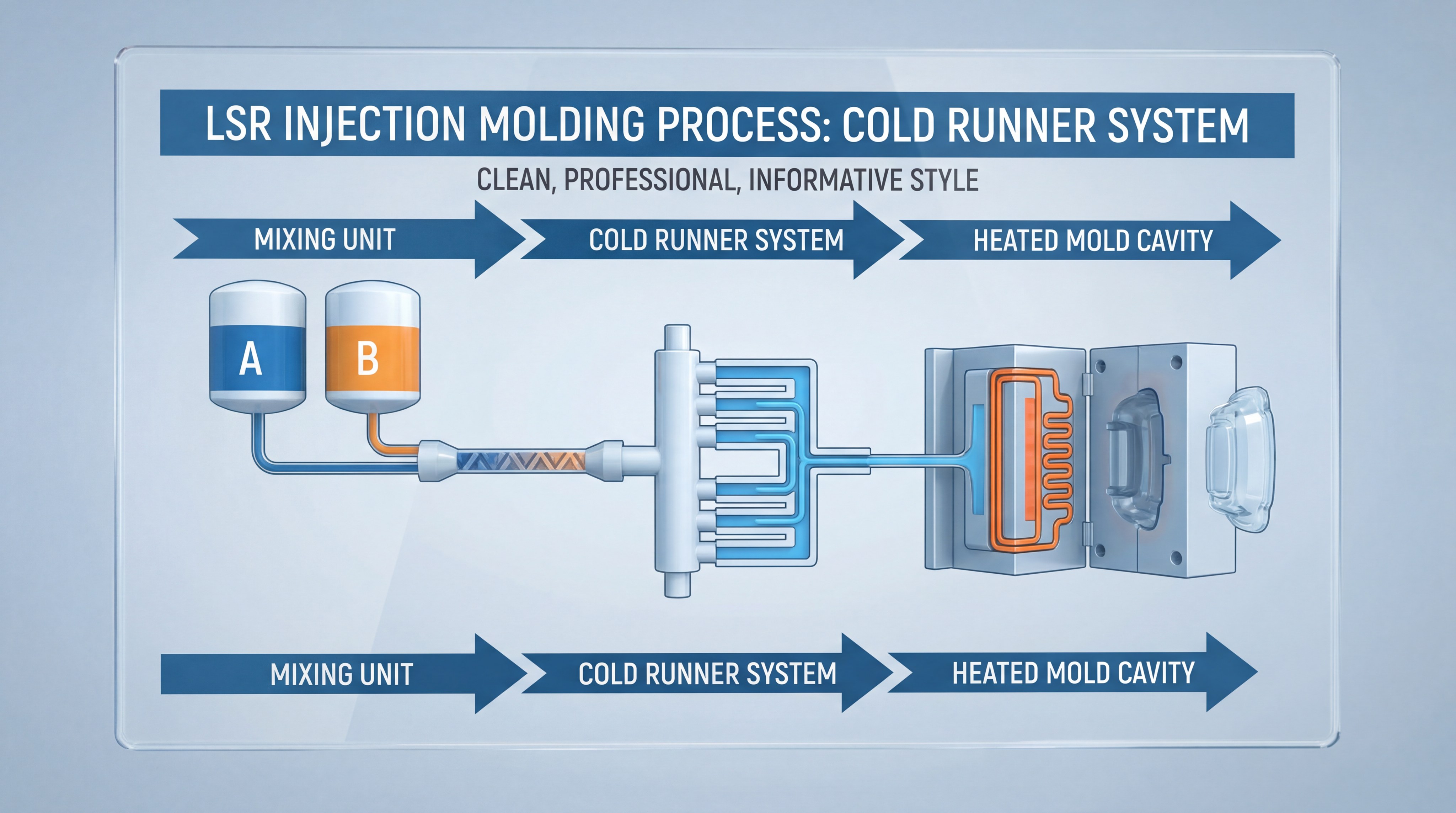 Infographic of the LSR injection molding process and cold runner system