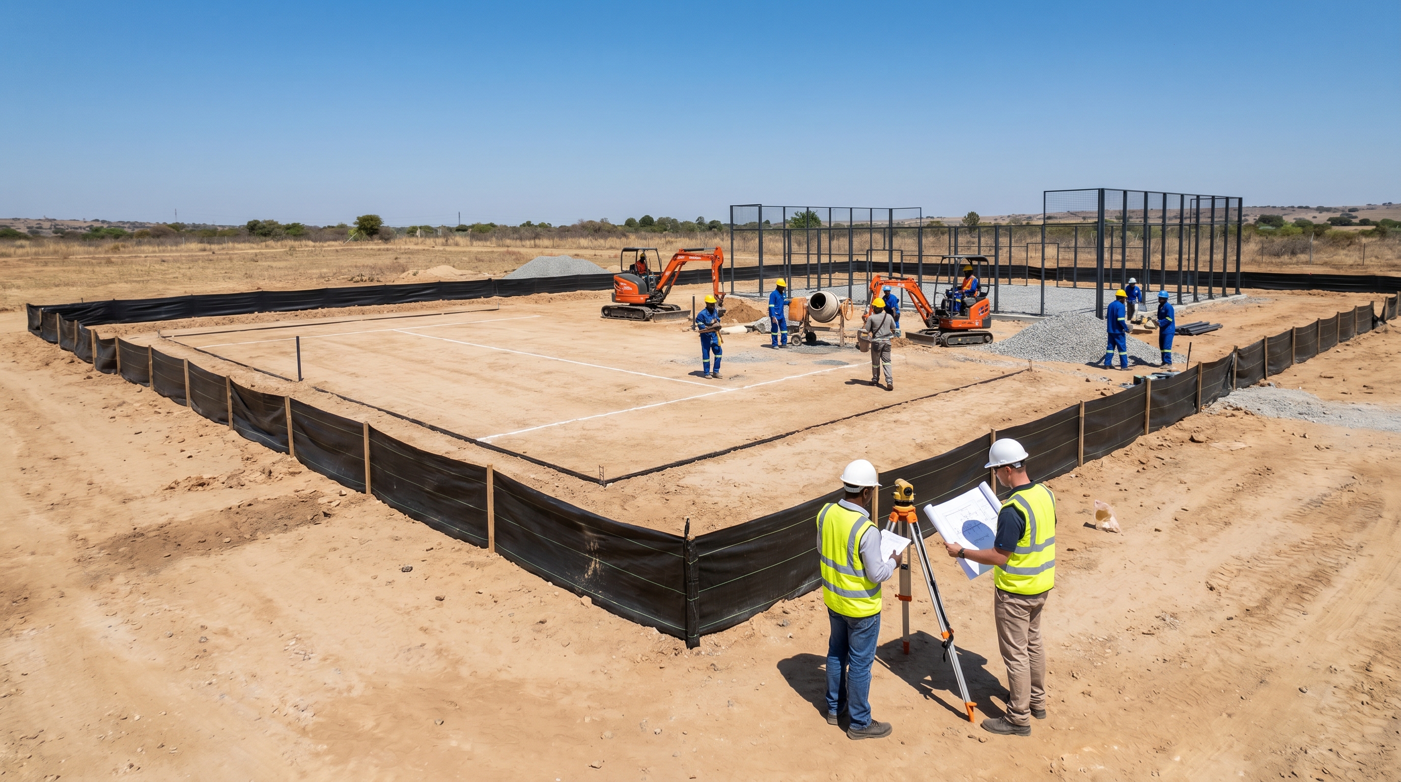 construction site for a padel court showing environmental silt fences