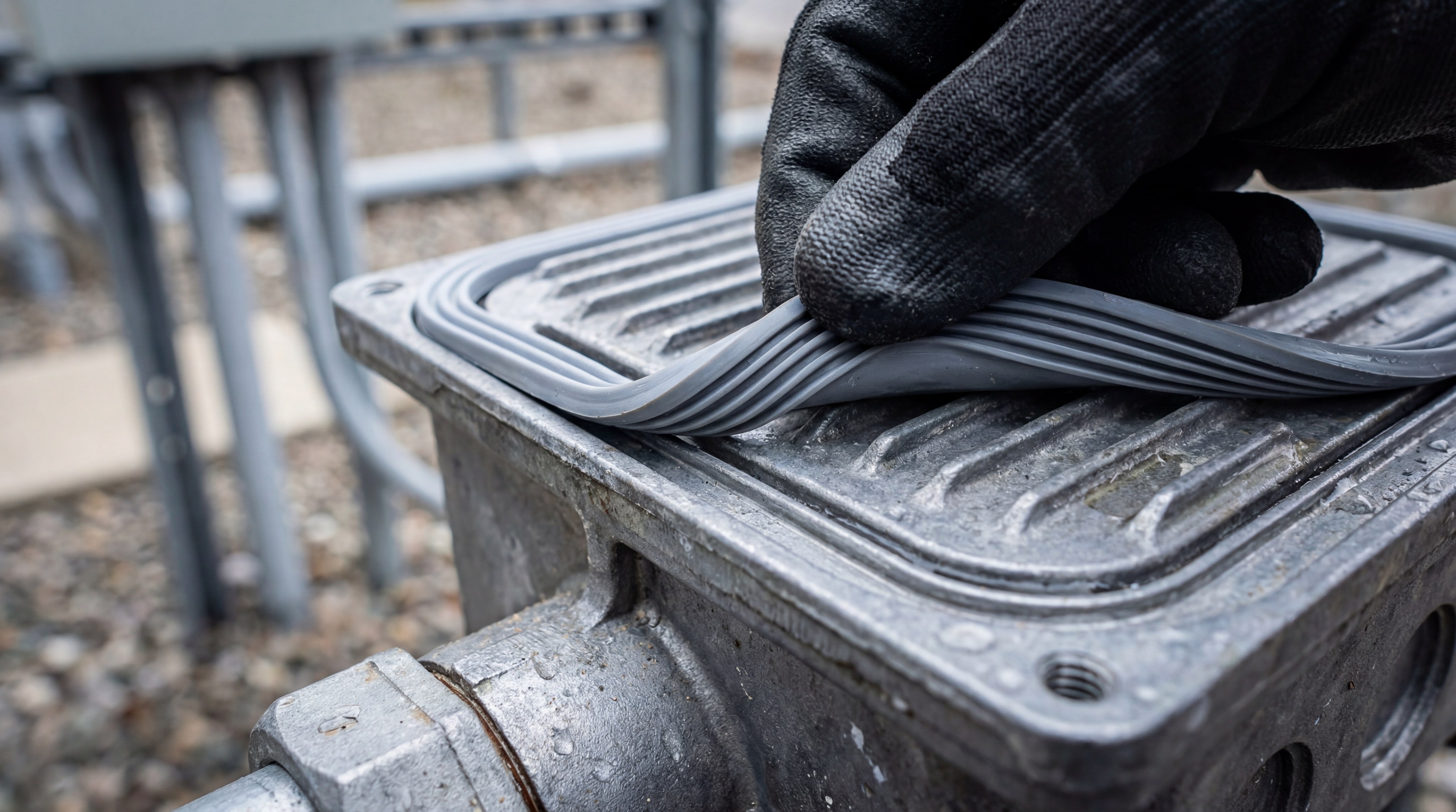 A close-up, photorealistic view of a gloved hand installing a grey silicone gasket into the groove of a heavy-duty industrial metal junction box. The gasket is ribbed and fits precisely into the enclosure's perimeter.