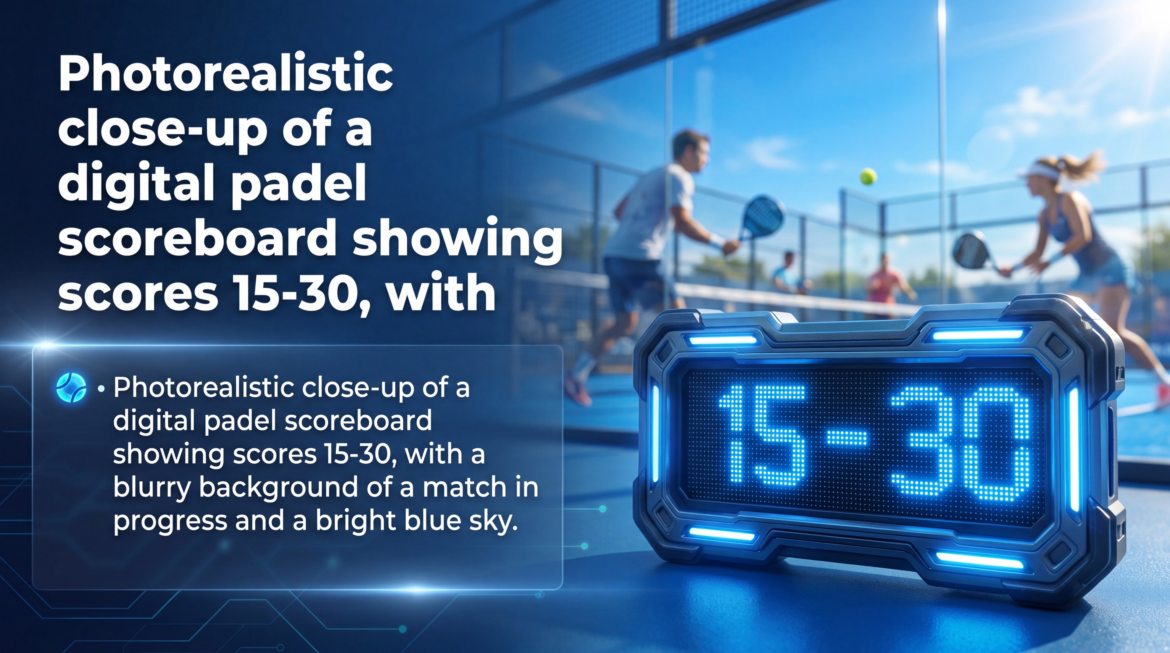 Close-up of a digital padel scoreboard showing scores 15-30