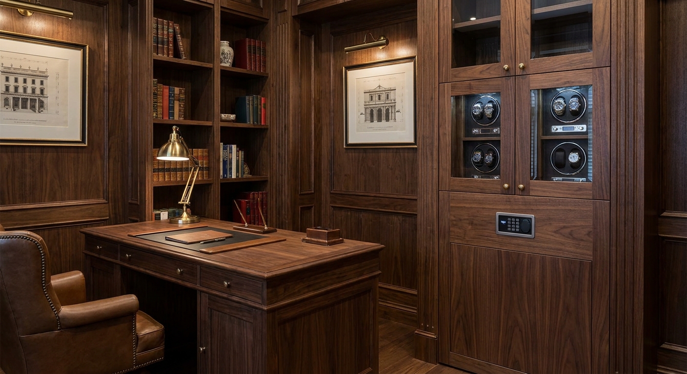 Upscale Home Office with Integrated Gun Safe and Watch Winders