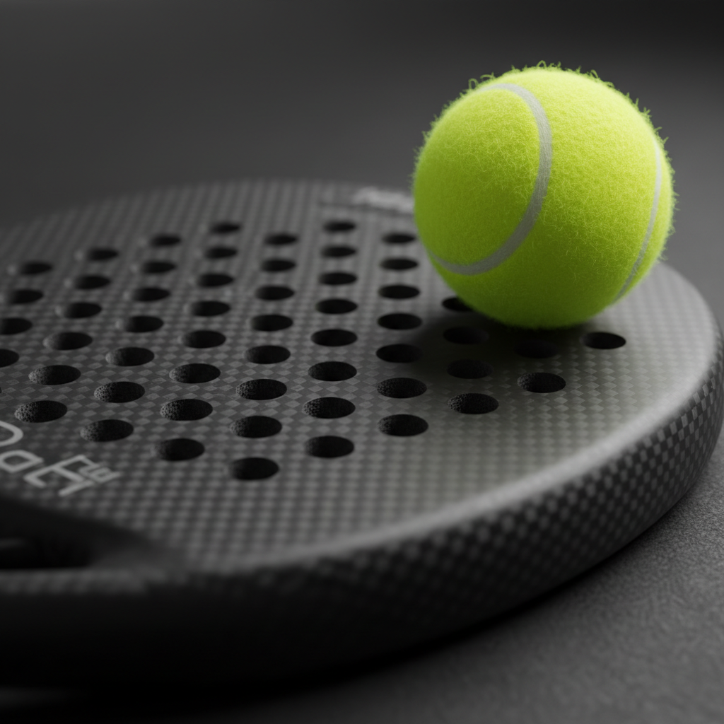 A macro photorealistic shot of a high-end carbon fiber racket showing the intricate hole patterns and surface texture.