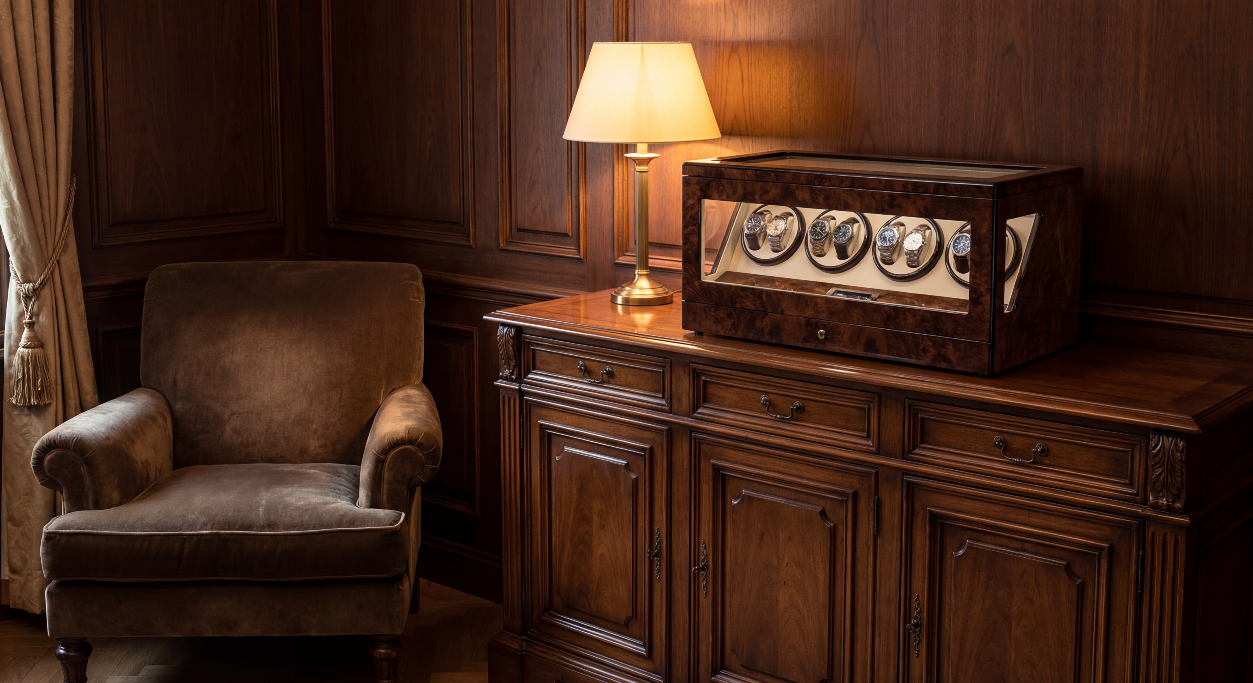 A luxury room interior featuring a watch winder on a wooden side table