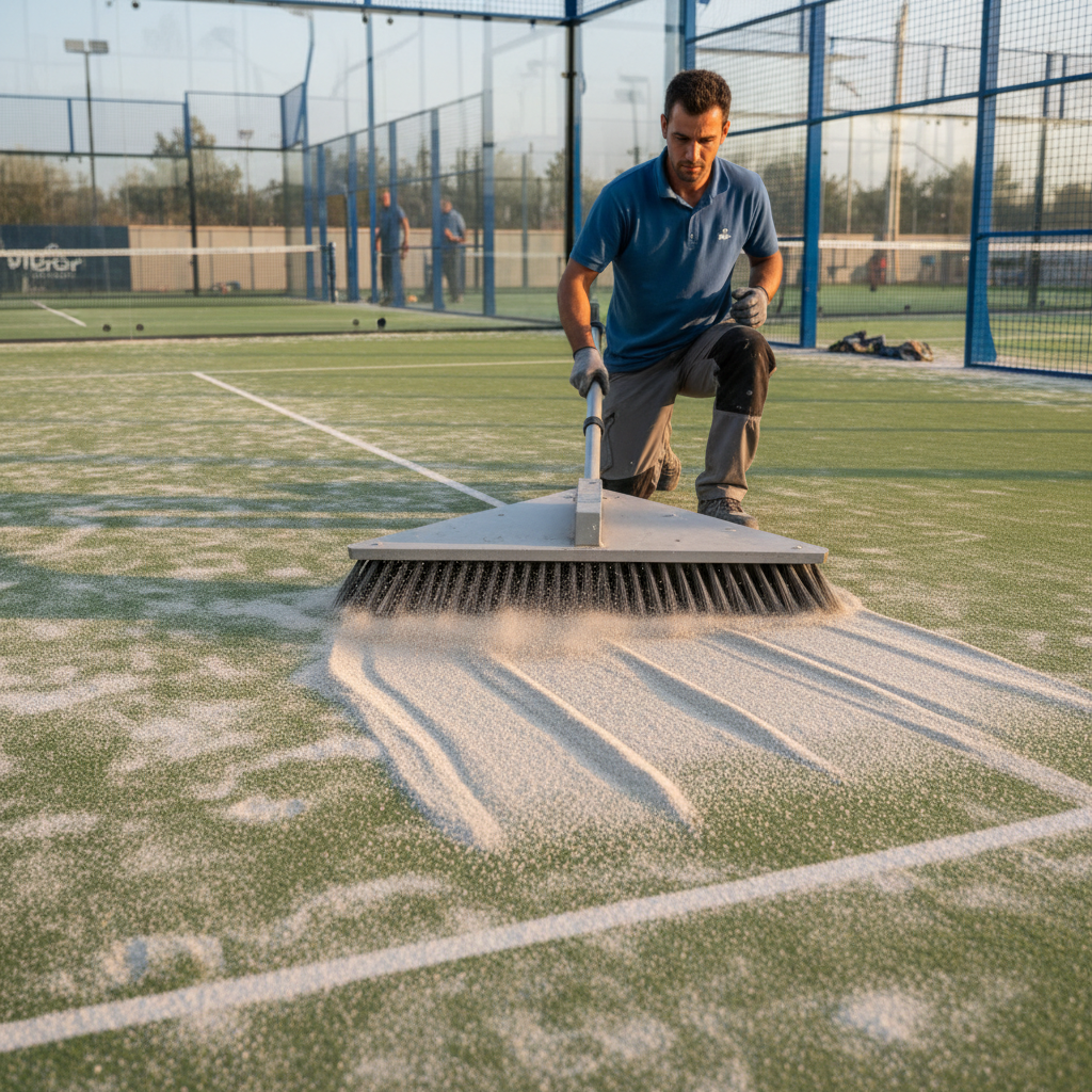 A mechanical brush machine maintaining the sand level on a professional padel court