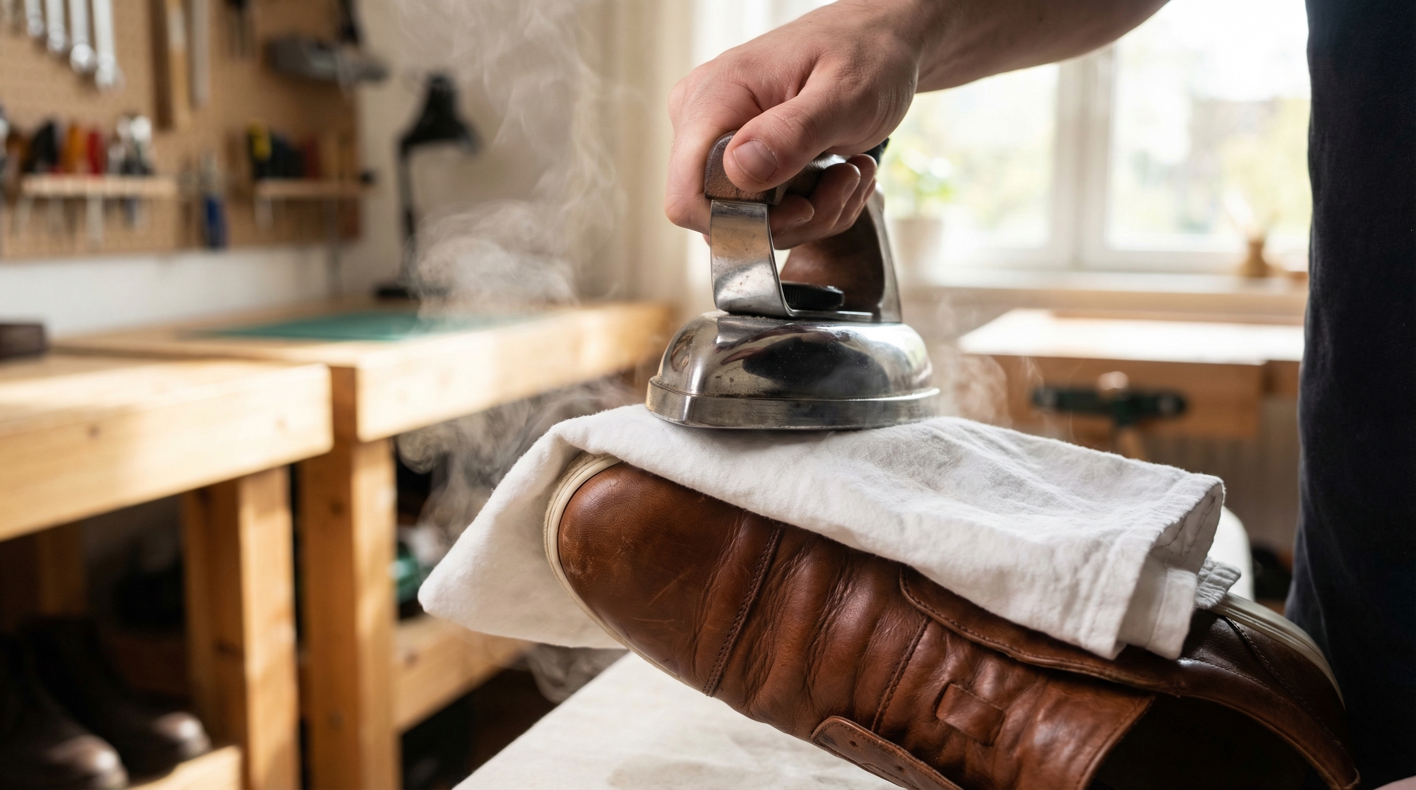 A person using a steam iron over a damp towel on the toe box of a leather sneaker