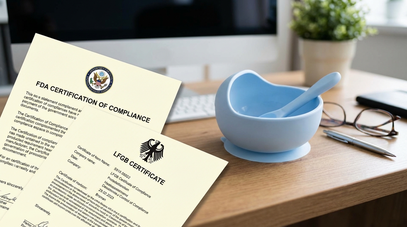 FDA and LFGB certification documents lying on a clean, modern office desk next to a silicone baby bowl.