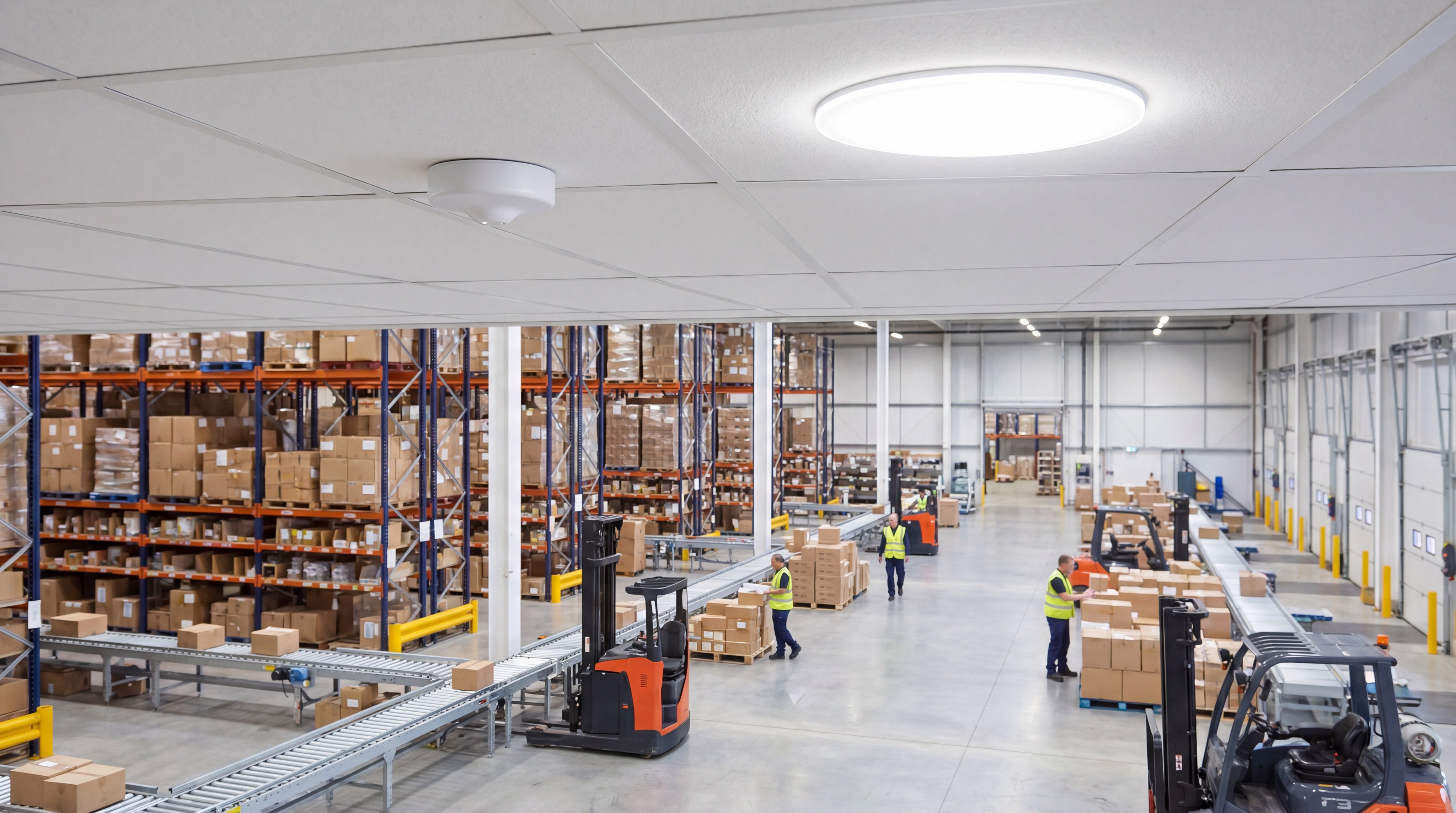 Modern warehouse logistics interior with ceiling-mounted omnidirectional antennas