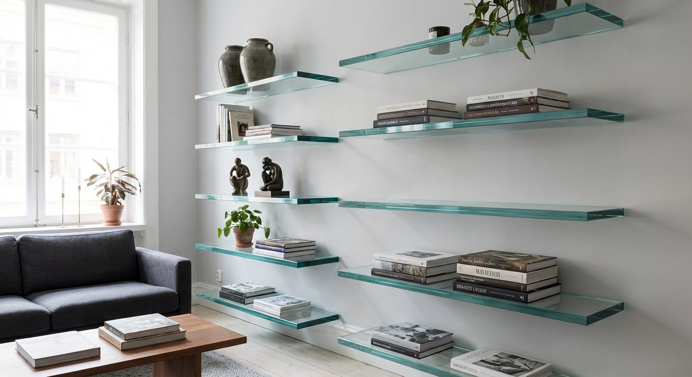 modern glass shelves living room