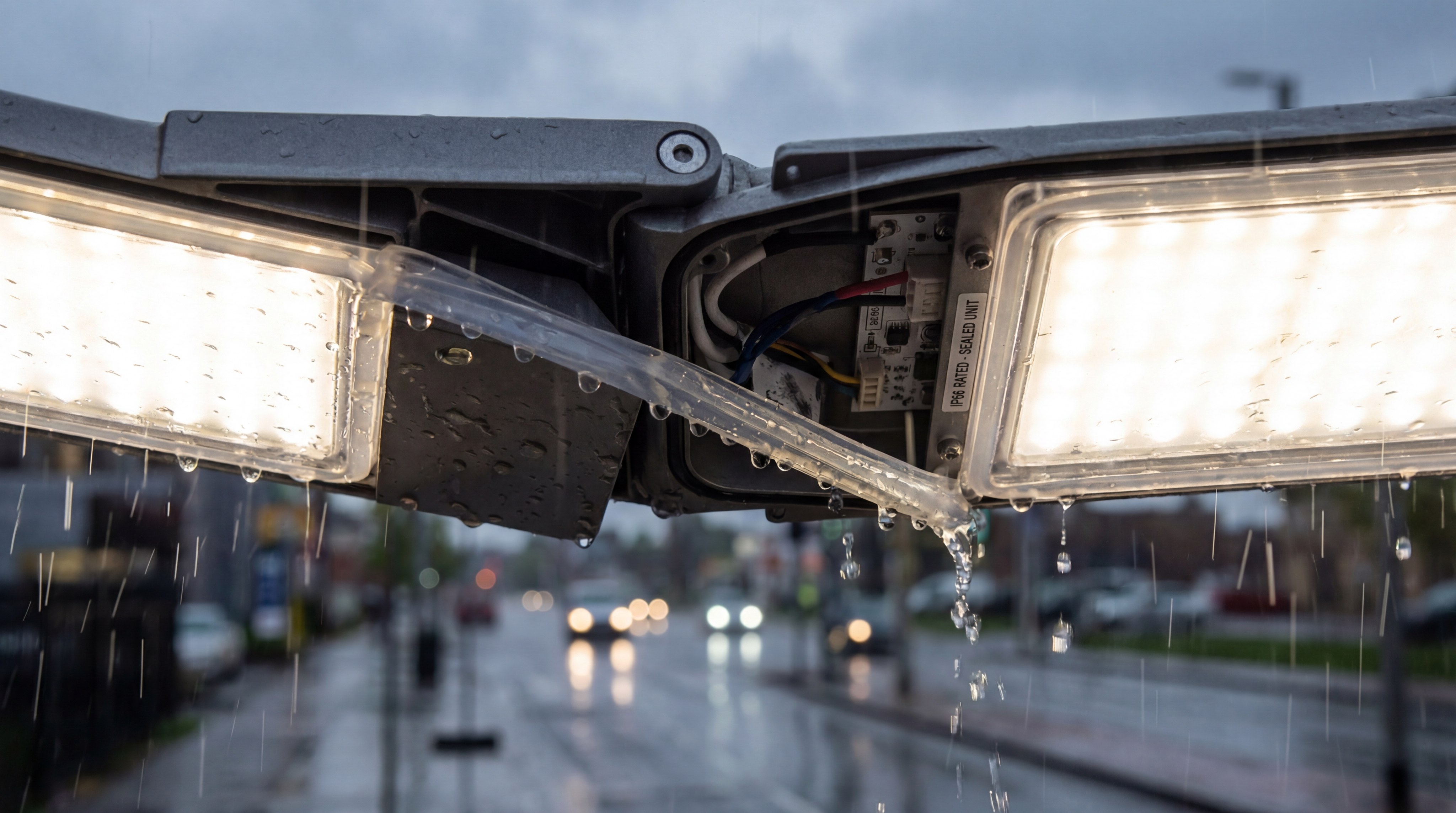 A photorealistic image of an LED street light fixture during a heavy rainstorm. Water is seen sheeting off the glass cover, while a transparent silicone seal is visible at the seam, successfully blocking all moisture from the internal LED array.
