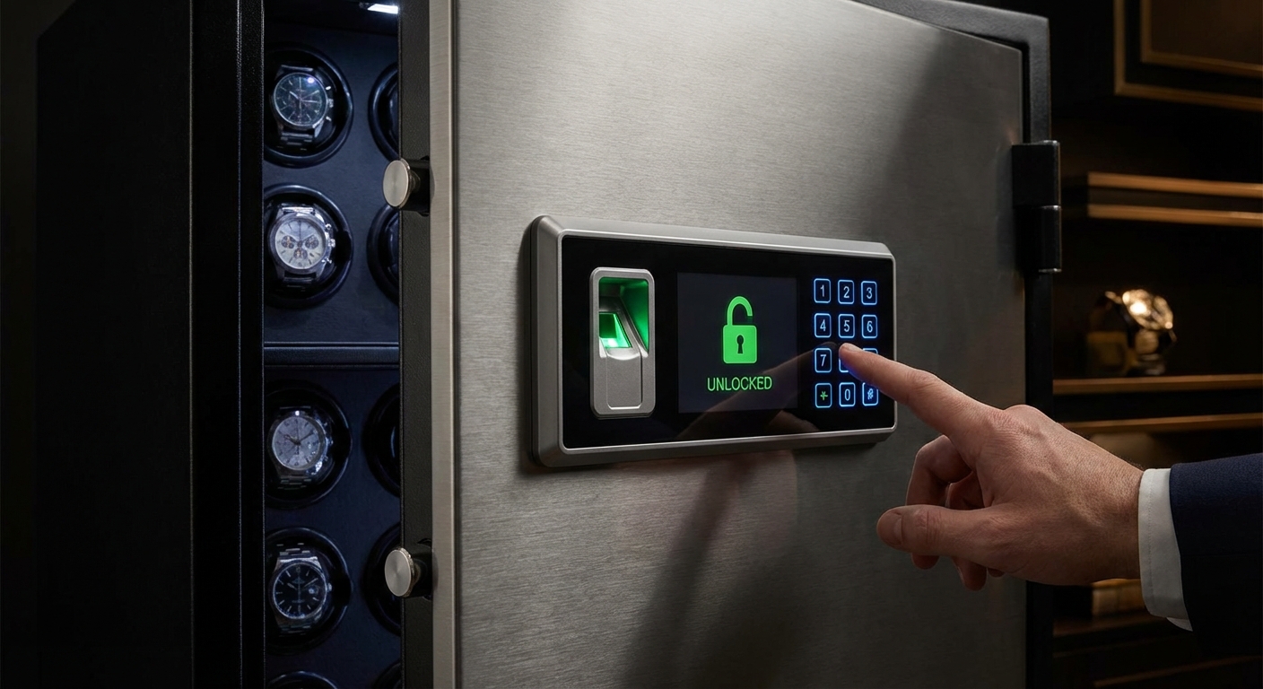 A close-up of a biometric fingerprint scanner on a safe door