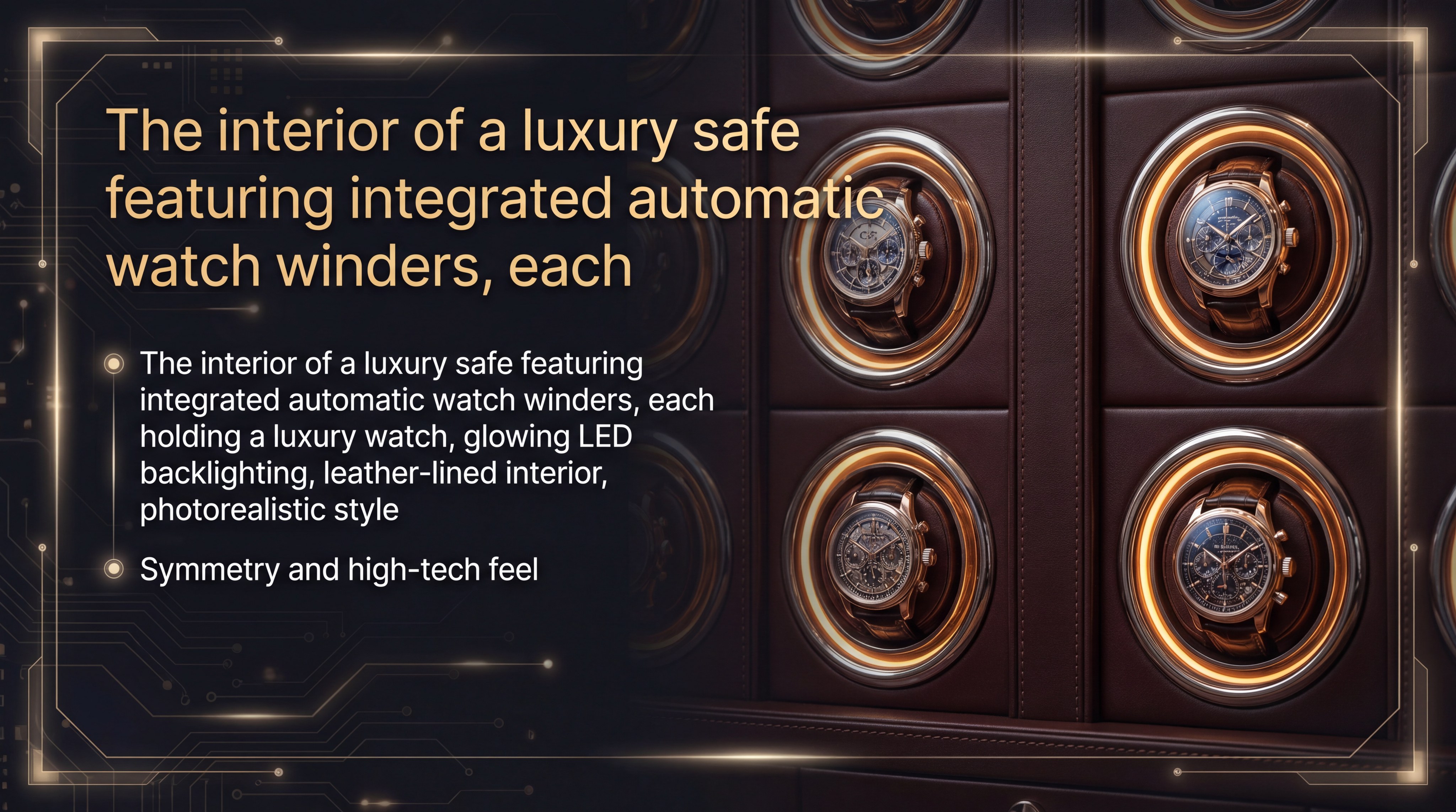 The interior of a luxury safe featuring twelve integrated automatic watch winders, each holding a different luxury watch, glowing LED backlighting, leather-lined interior