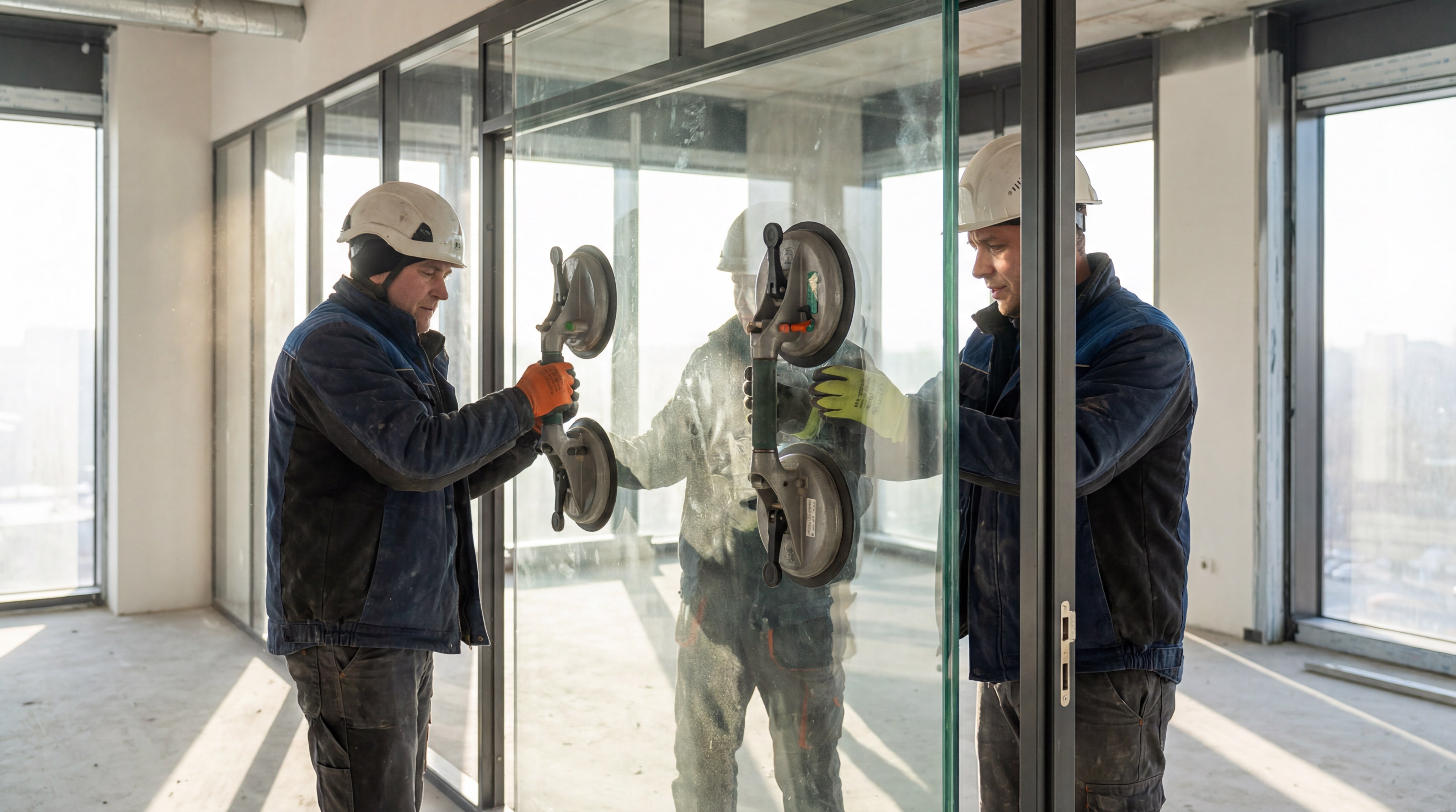 Two professional glaziers using industrial suction lifters to carefully maneuver a massive, heavy glass panel into a modern office partition frame, daylight streaming through.