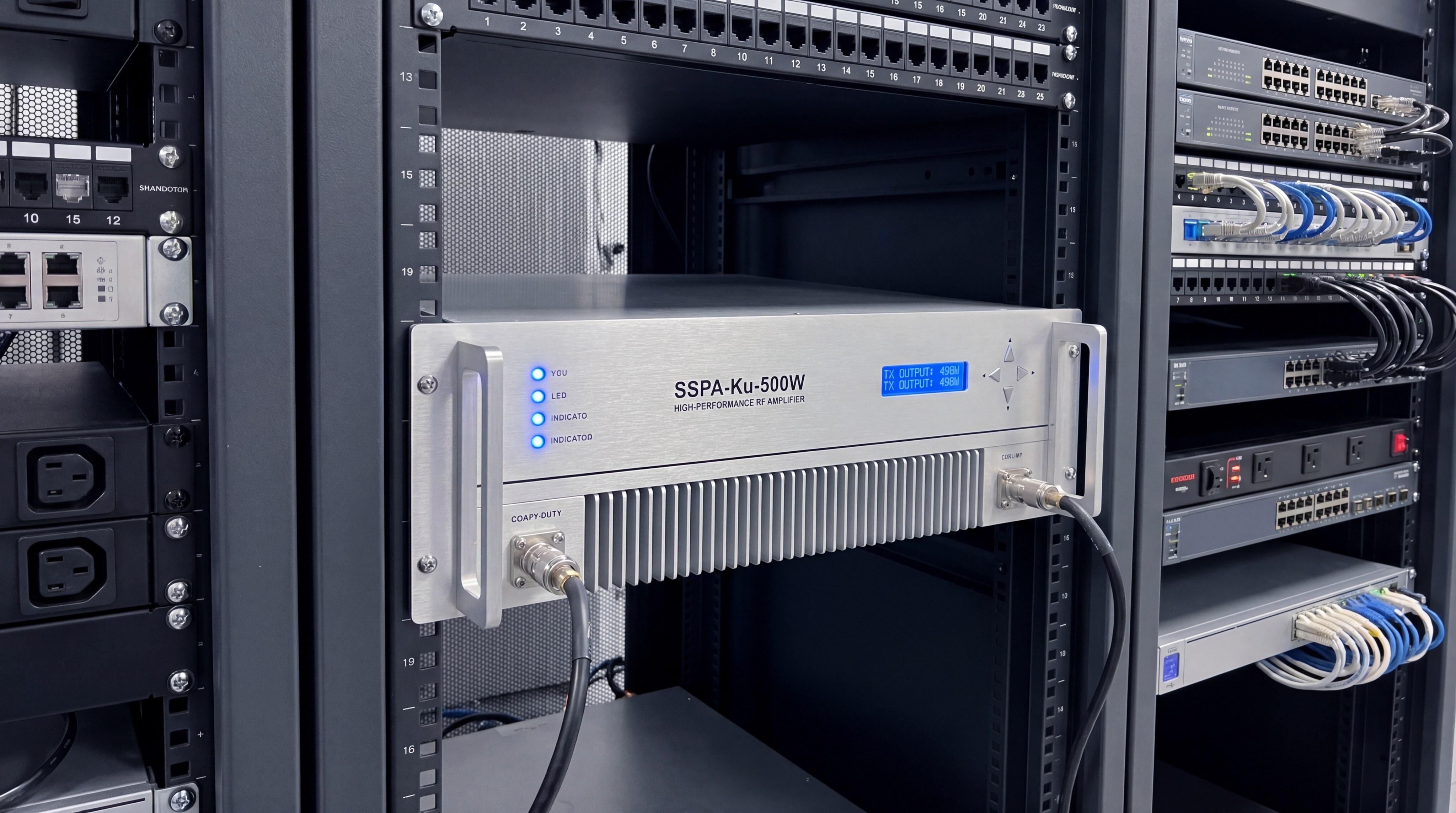 SSPA unit integrated into a satellite ground station rack