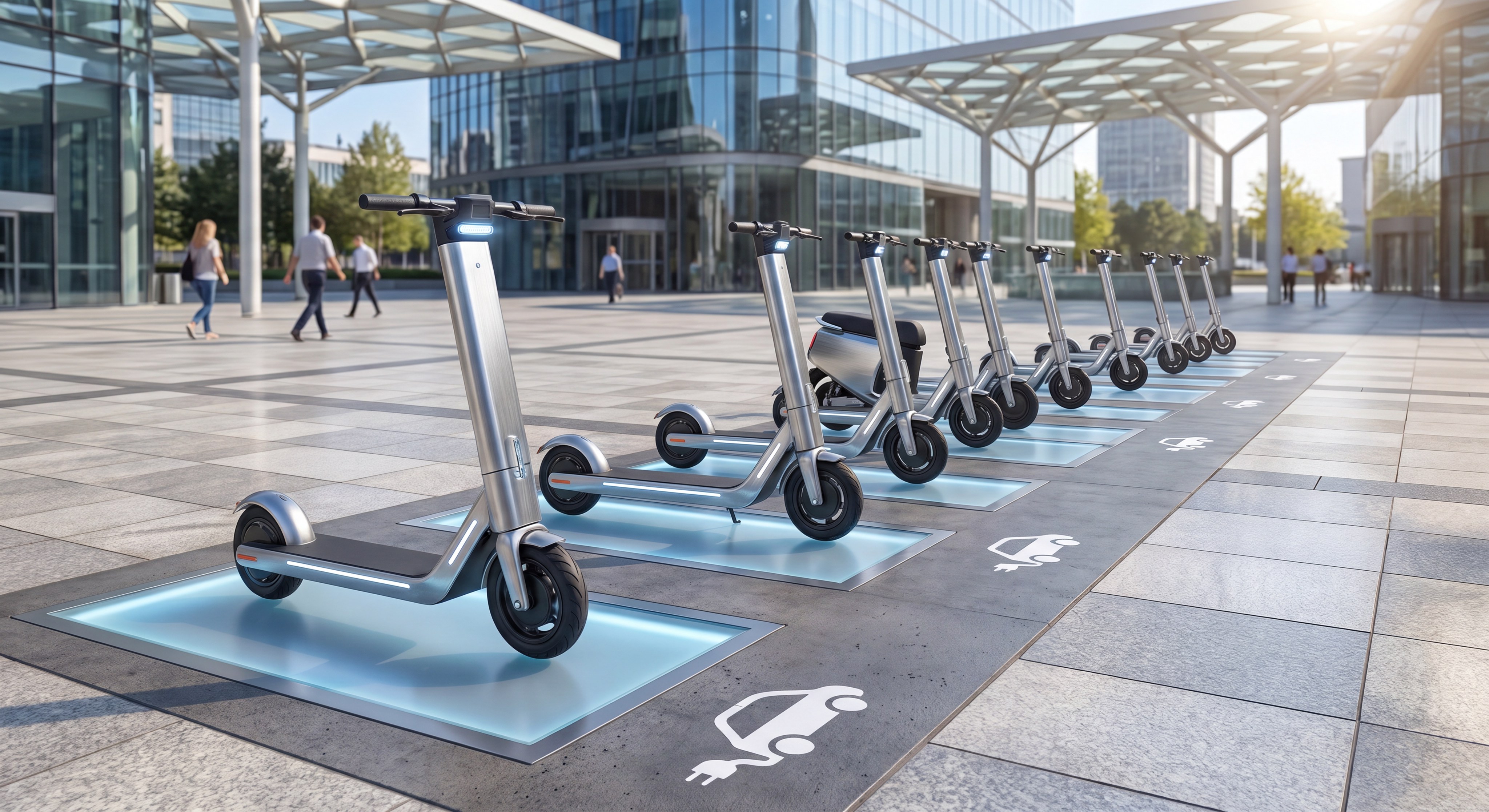 Modern Public Plaza with Inductive Electric Scooter Charging Station