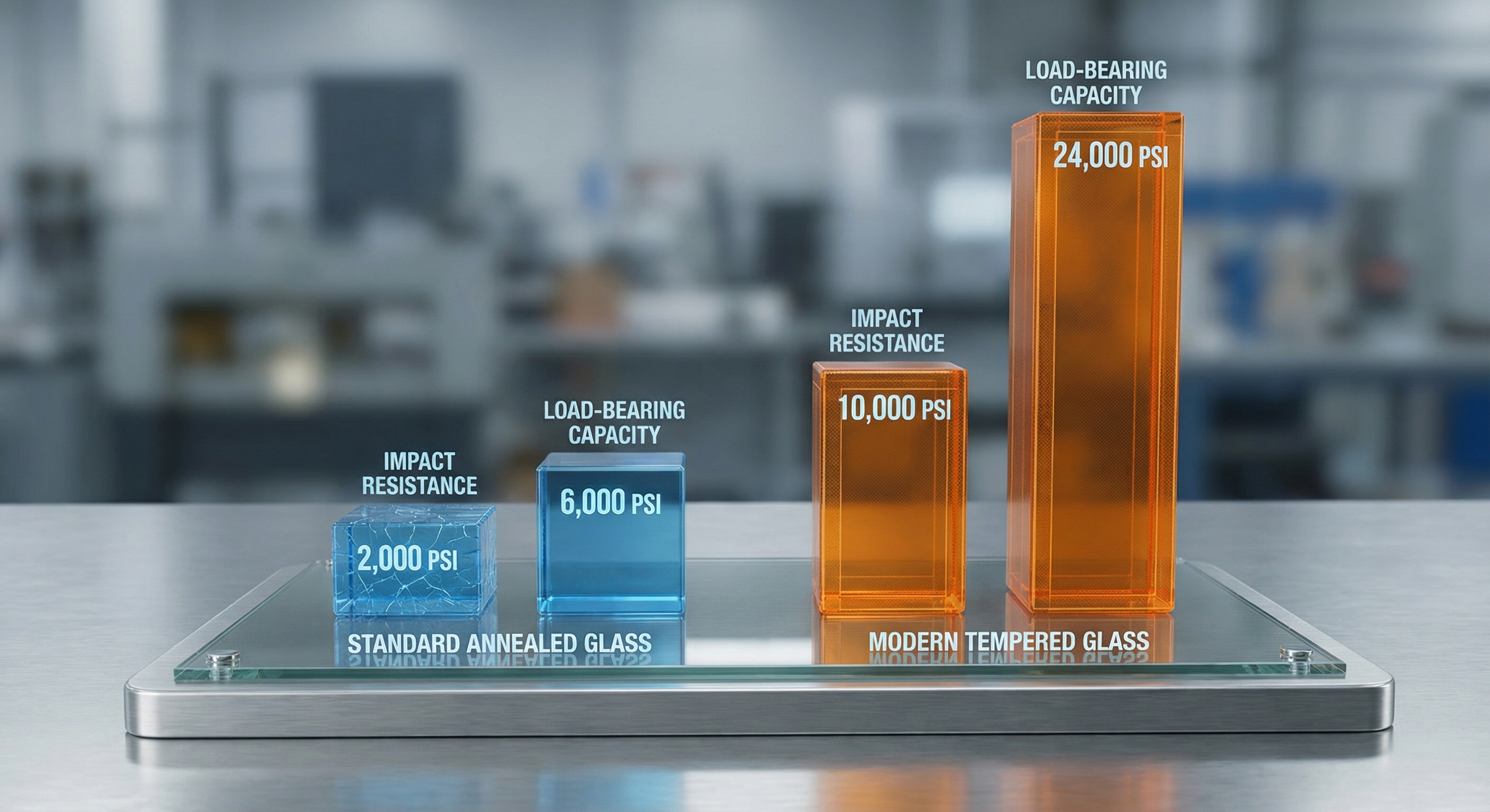 A bar chart comparing the load-bearing capacity and impact resistance of standard annealed glass versus modern tempered glass.