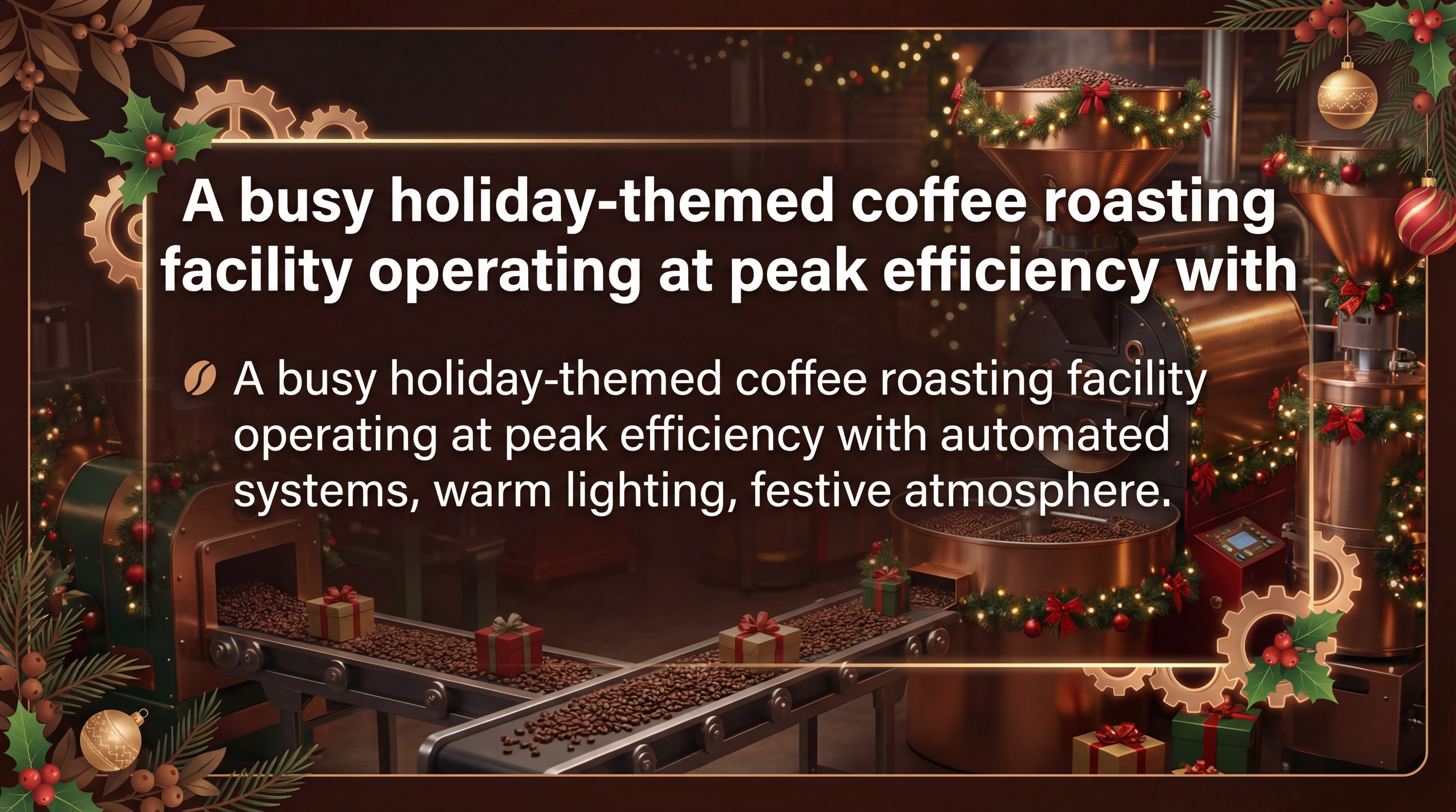 A busy holiday-themed coffee roasting facility operating at peak efficiency
