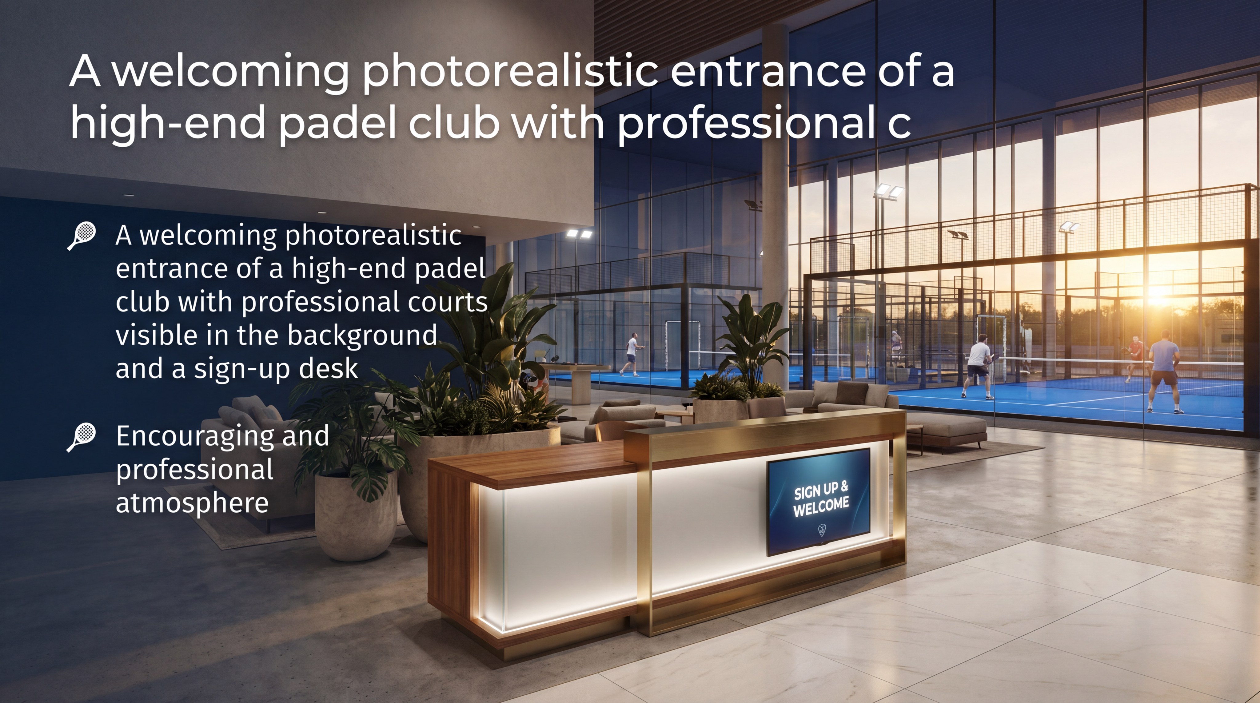 A welcoming photorealistic entrance of a high-end padel club with professional courts visible in the background