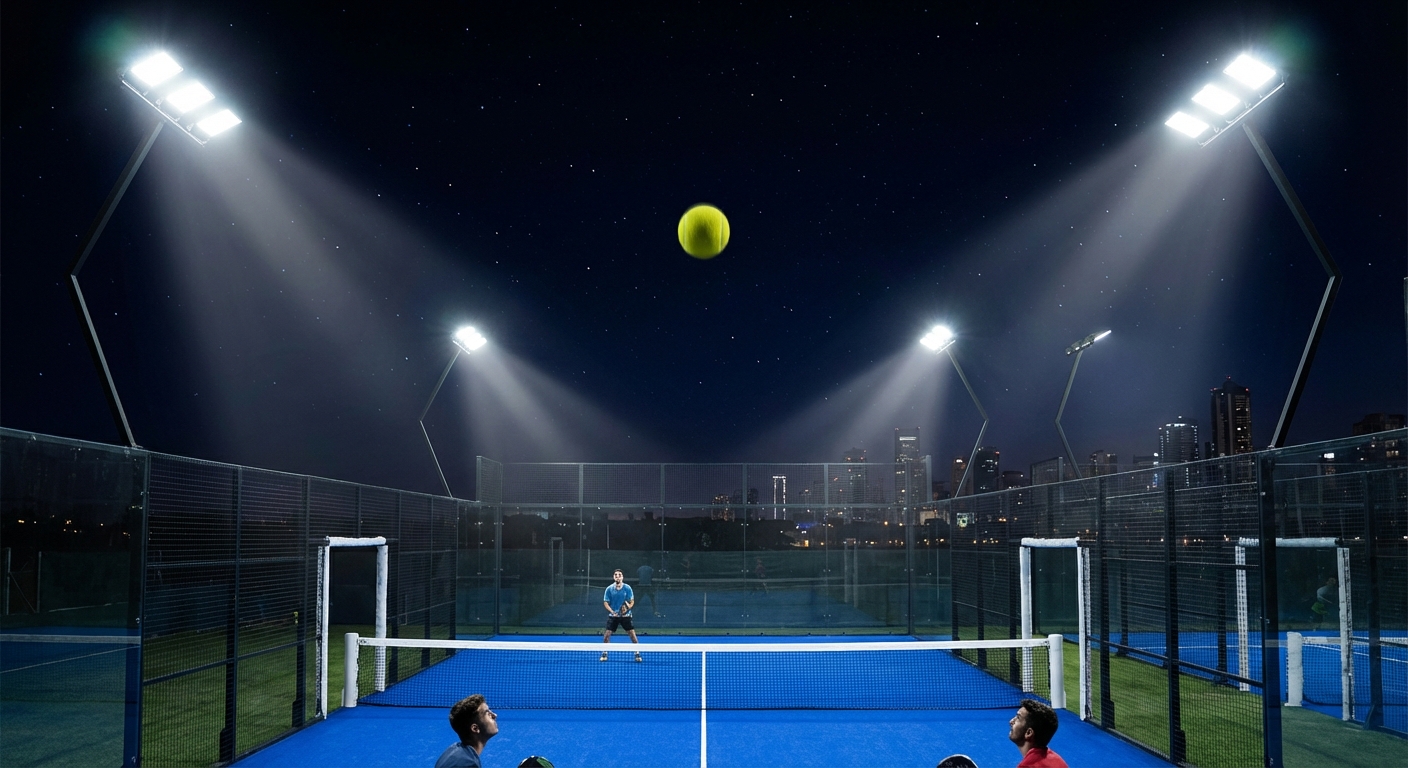 An evening shot of a padel court with bright LED lights, focusing on a ball high in the air
